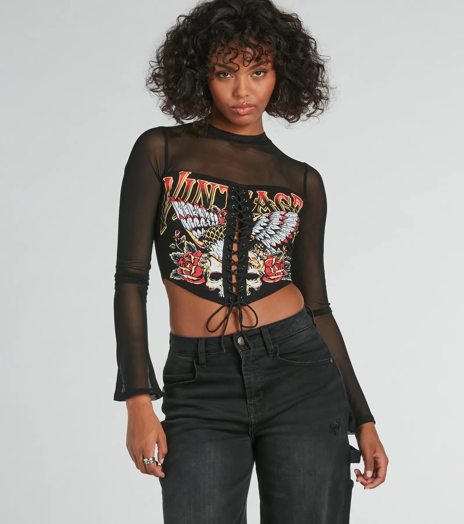 Ultimate Vintage Lace-Up Mesh Graphic Crop Top