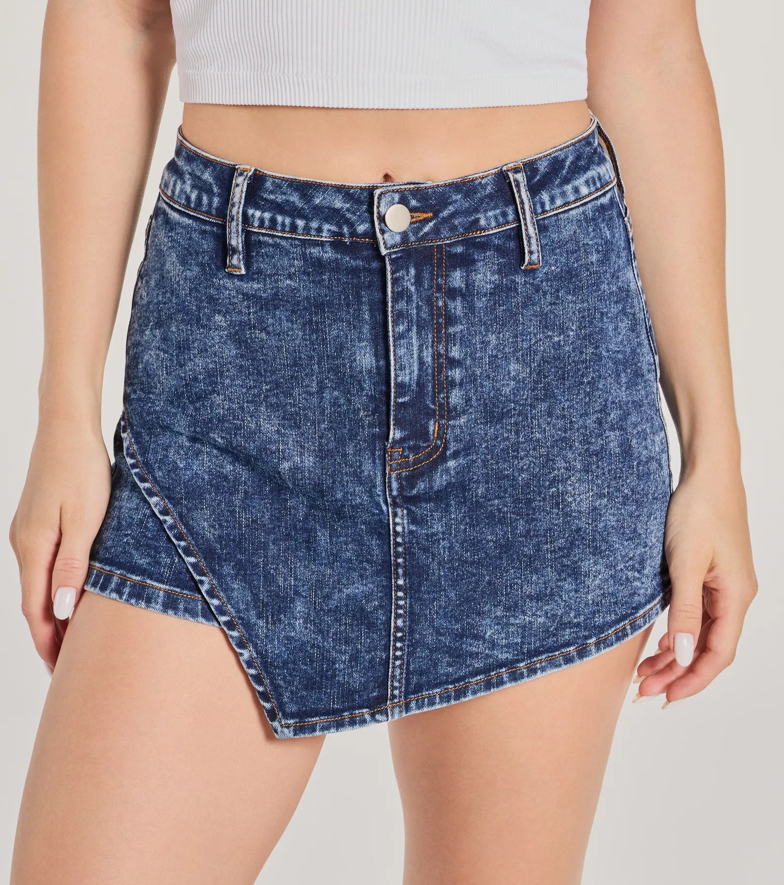 Premium High-Rise Acid Wash Denim Skort