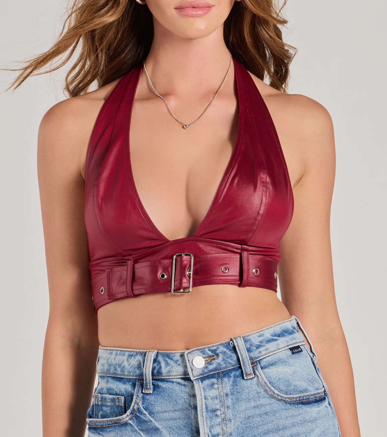 Ultimate Sultry Vibe Faux Leather Plunge Halter Top