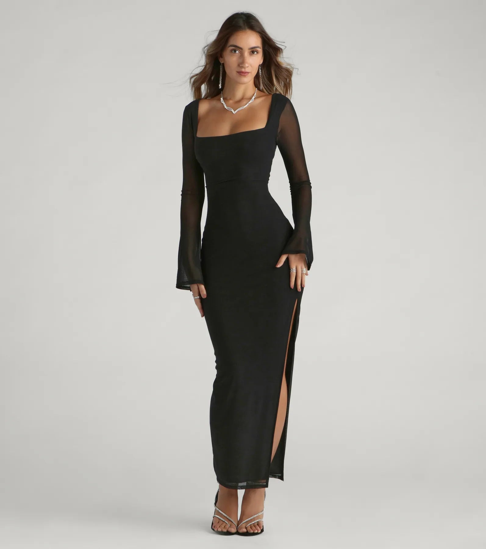 Premium Becka Formal Mesh High Slit Column Dress - Ultimate Elegance