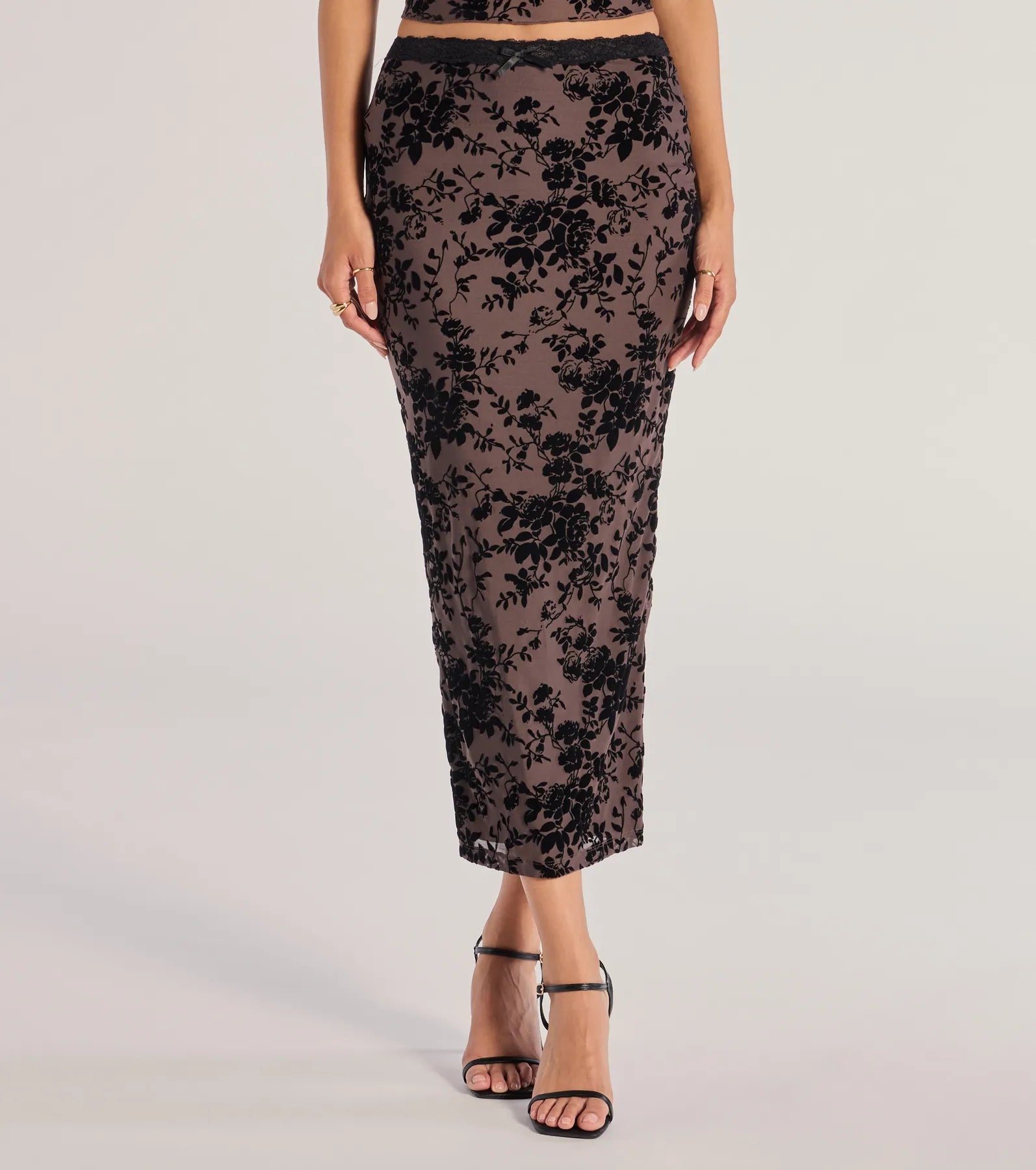 Premium Luxe Velvet Midi Skirt with Floral Flock Design