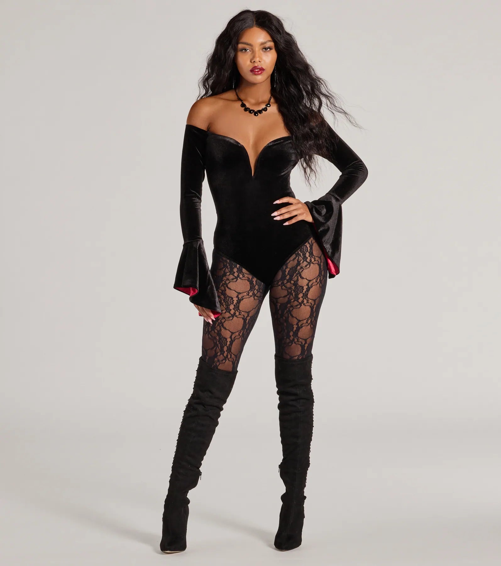 Ultimate Vampy Vixen Velvet Bodysuit - Long Sleeve Halloween Essential