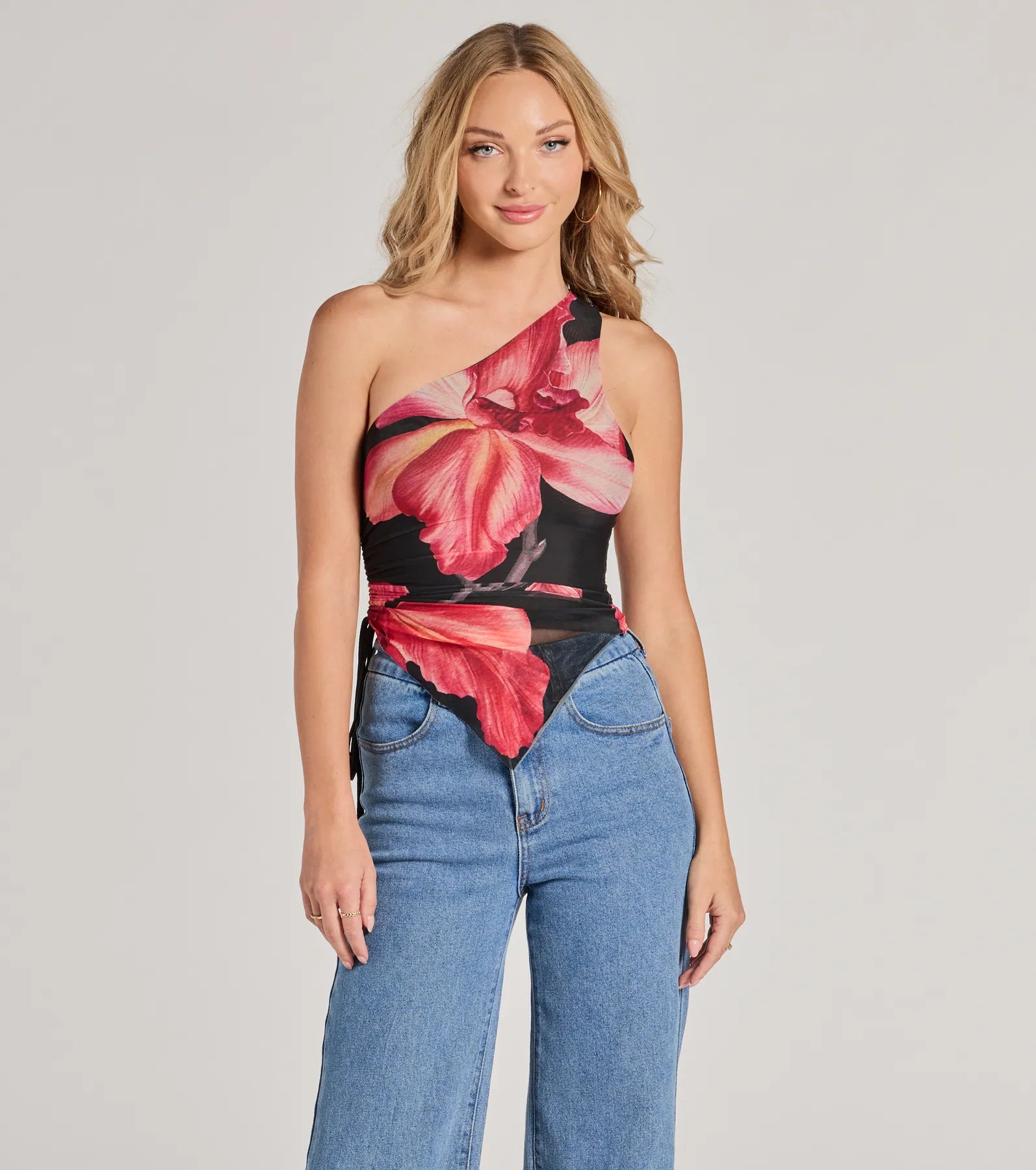 Ultimate Bold One-Shoulder Floral Mesh Crop Top