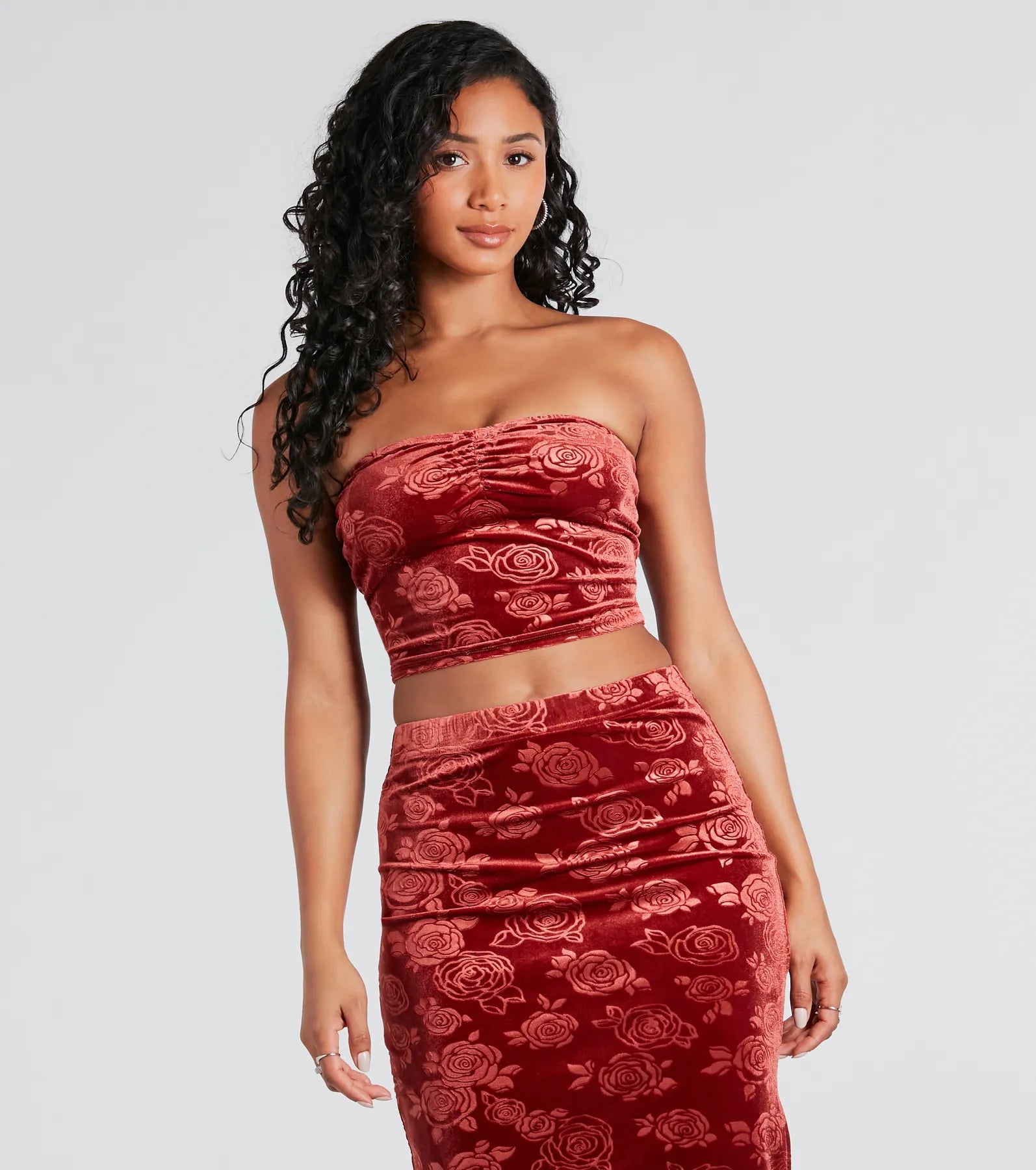 Premium Velvet Floral Strapless Crop Top - Ultimate Style Statement