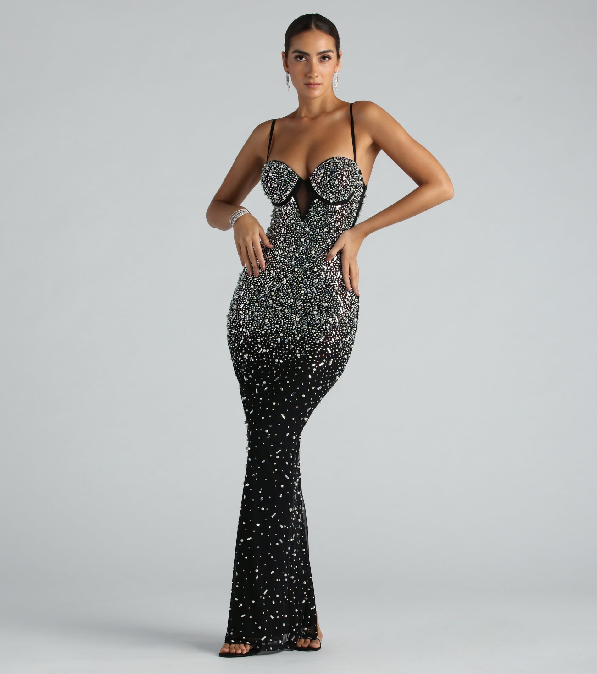 Premium Aria Elegant Rhinestone & Pearl Maxi Dress