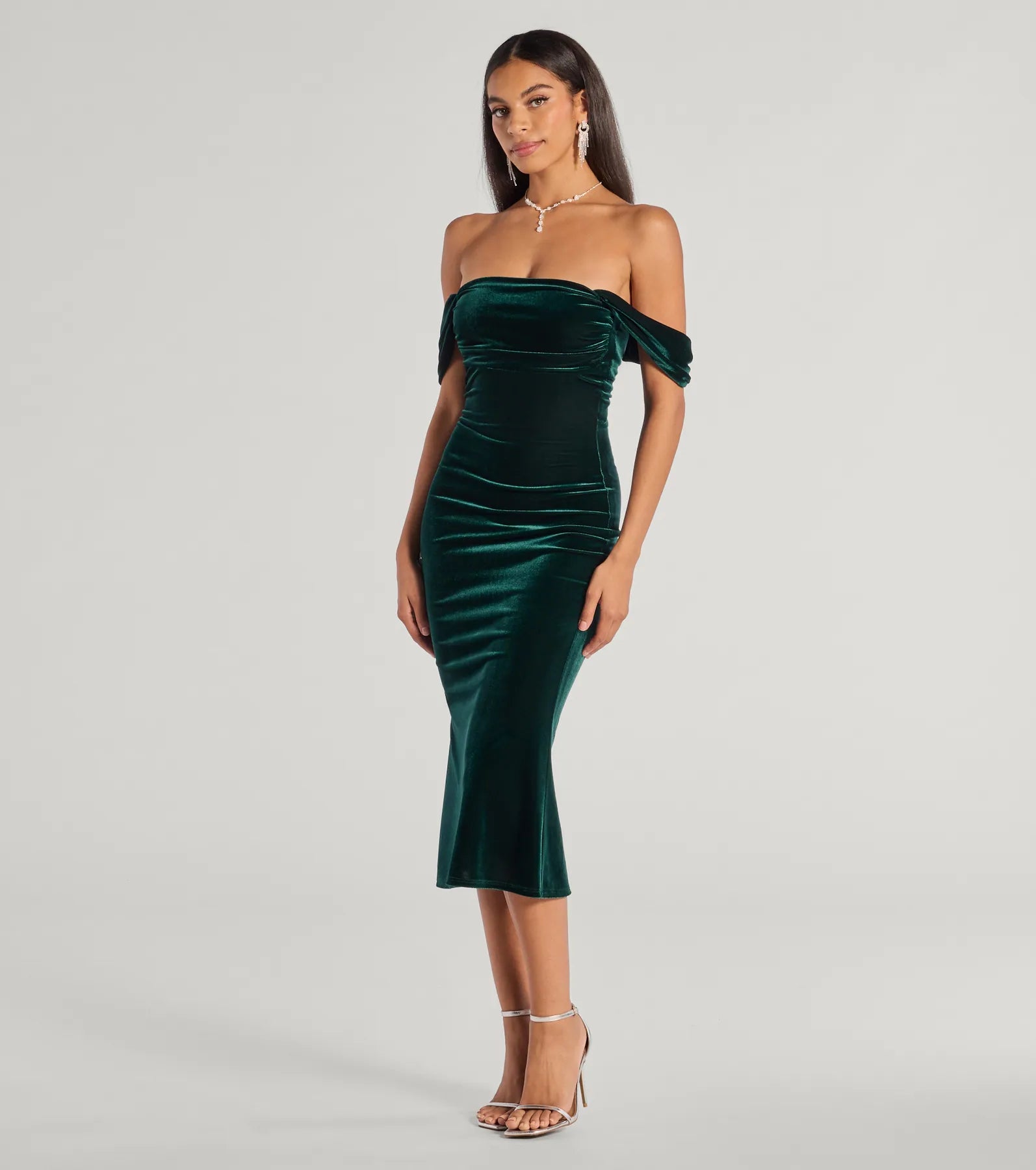 Premium Velvet Off-The-Shoulder Midi Dress - Regal Moment