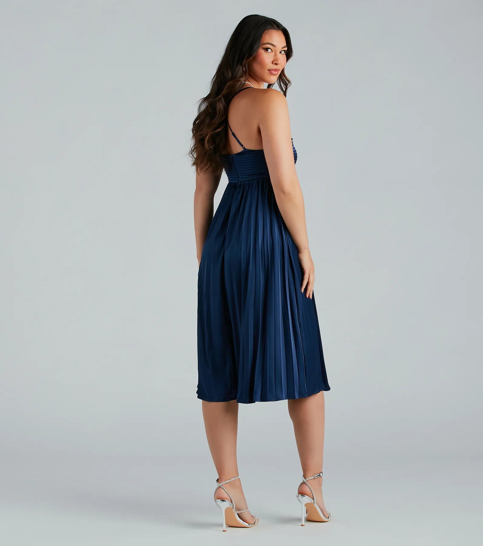 Premium Hailee Elegant Satin Pleated A-Line Midi Dress