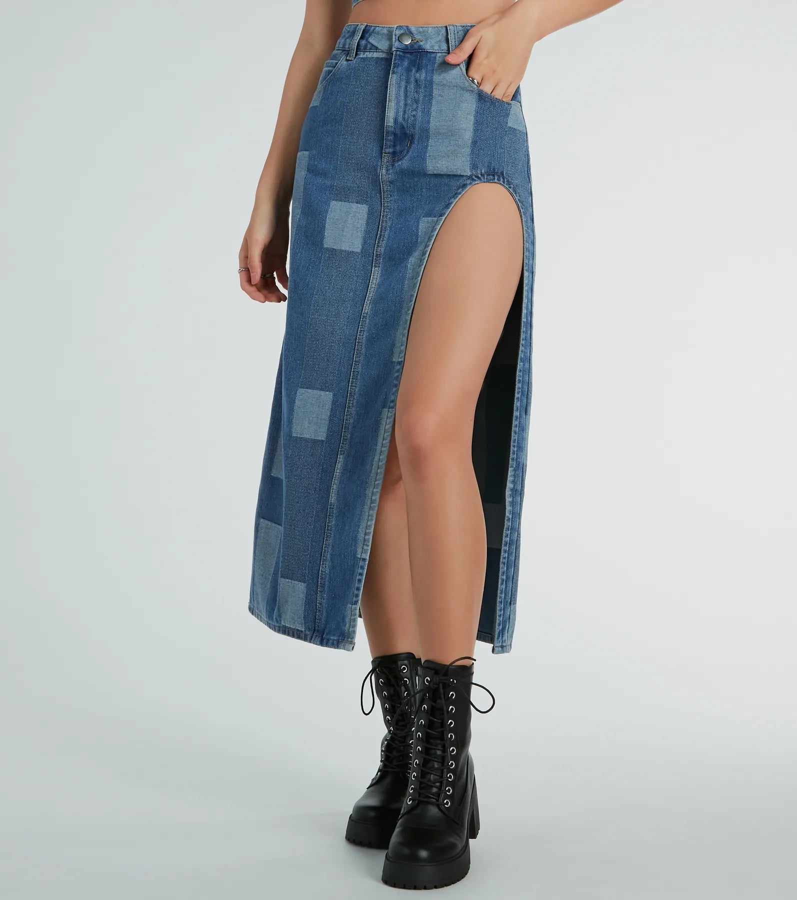 Ultimate Retro Chic High Slit Patchwork Denim Maxi Skirt