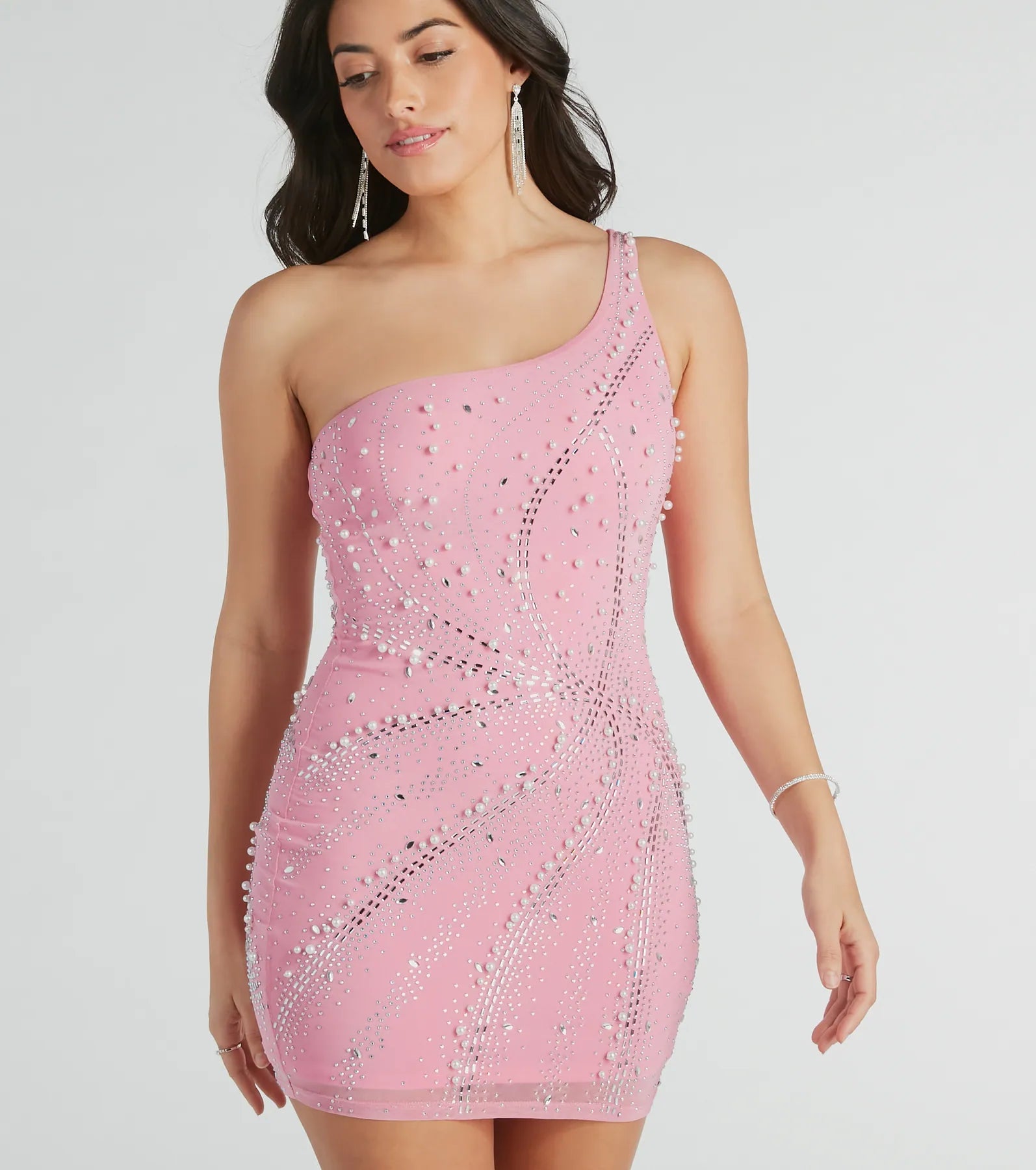 Ultimate Glamour One-Shoulder Faux Pearl Party Dress