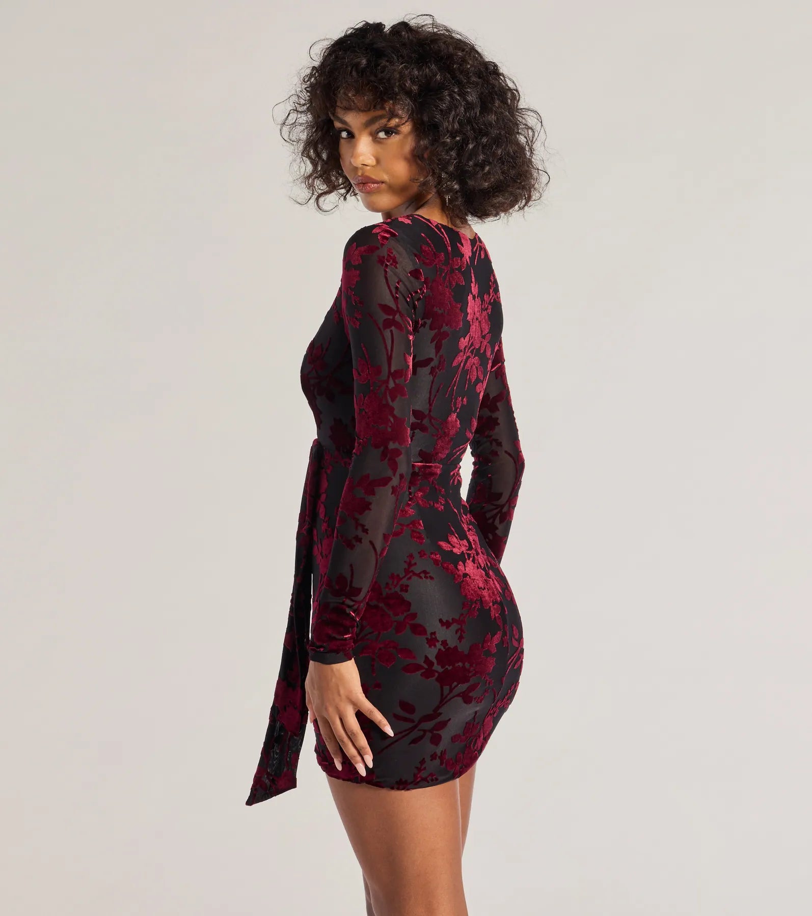 Ultimate Velvet Burnout V-Neck Tie Mini Dress - Premium Partywear