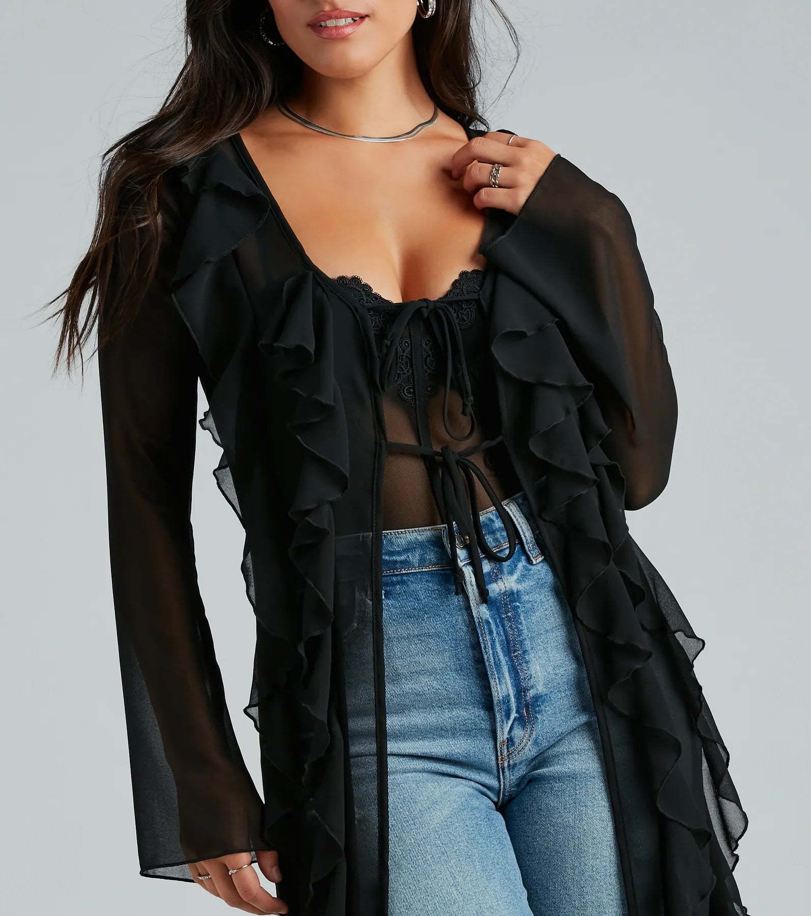 Premium Mesh Chiffon Ruffle Long Duster - Ultimate Elegance