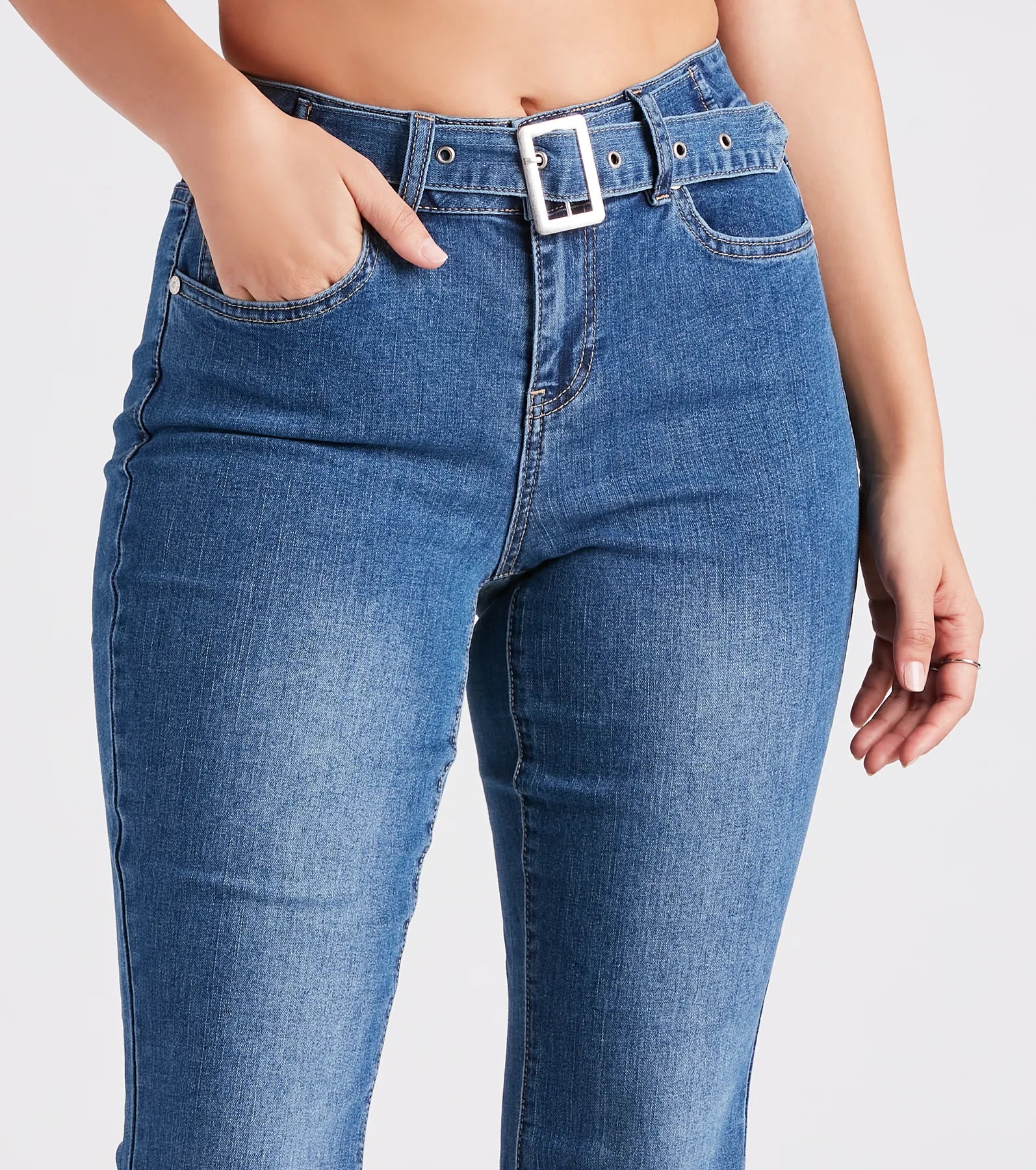 Premium Mid-Rise Belted Flare Jeans - Windsor Denim Collection