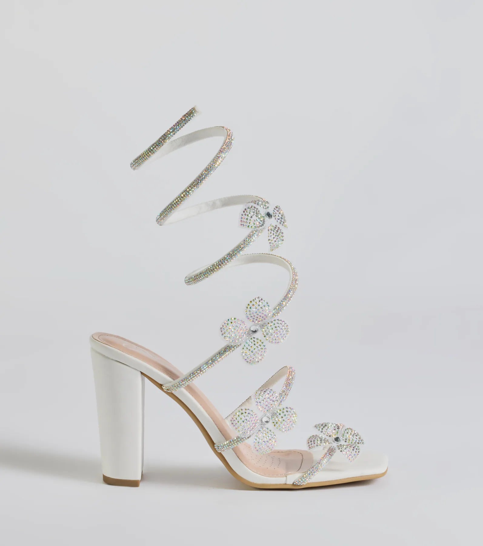 Premium Rhinestone Floral Spiral Block Heels - Ultimate Glamour