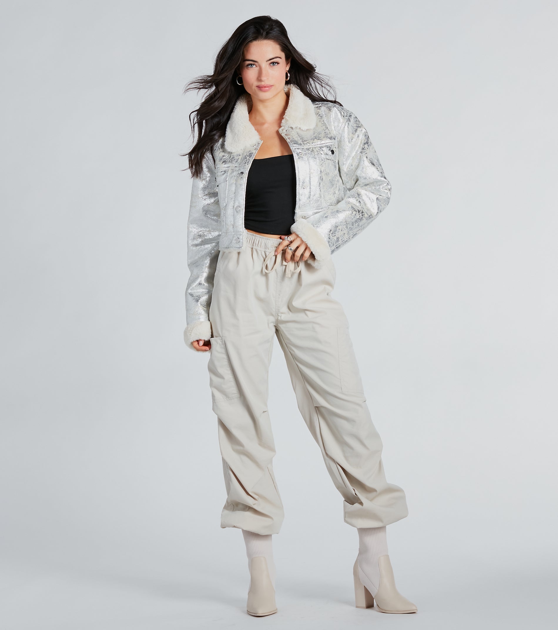 Premium Pop Diva Metallic Faux Fur Crop Jacket