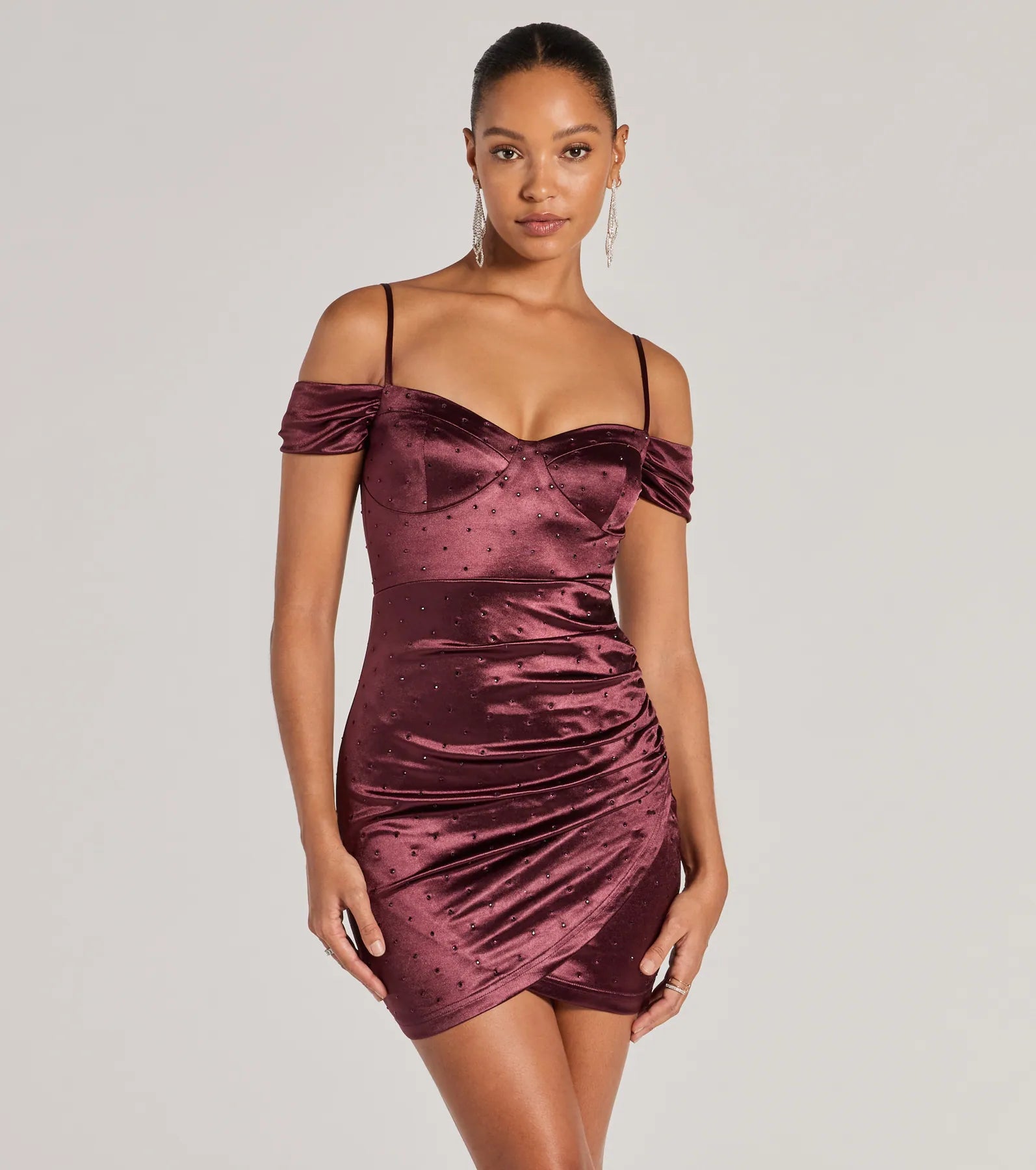 Ultimate Luxe Cold-Shoulder Rhinestone Satin Party Dress