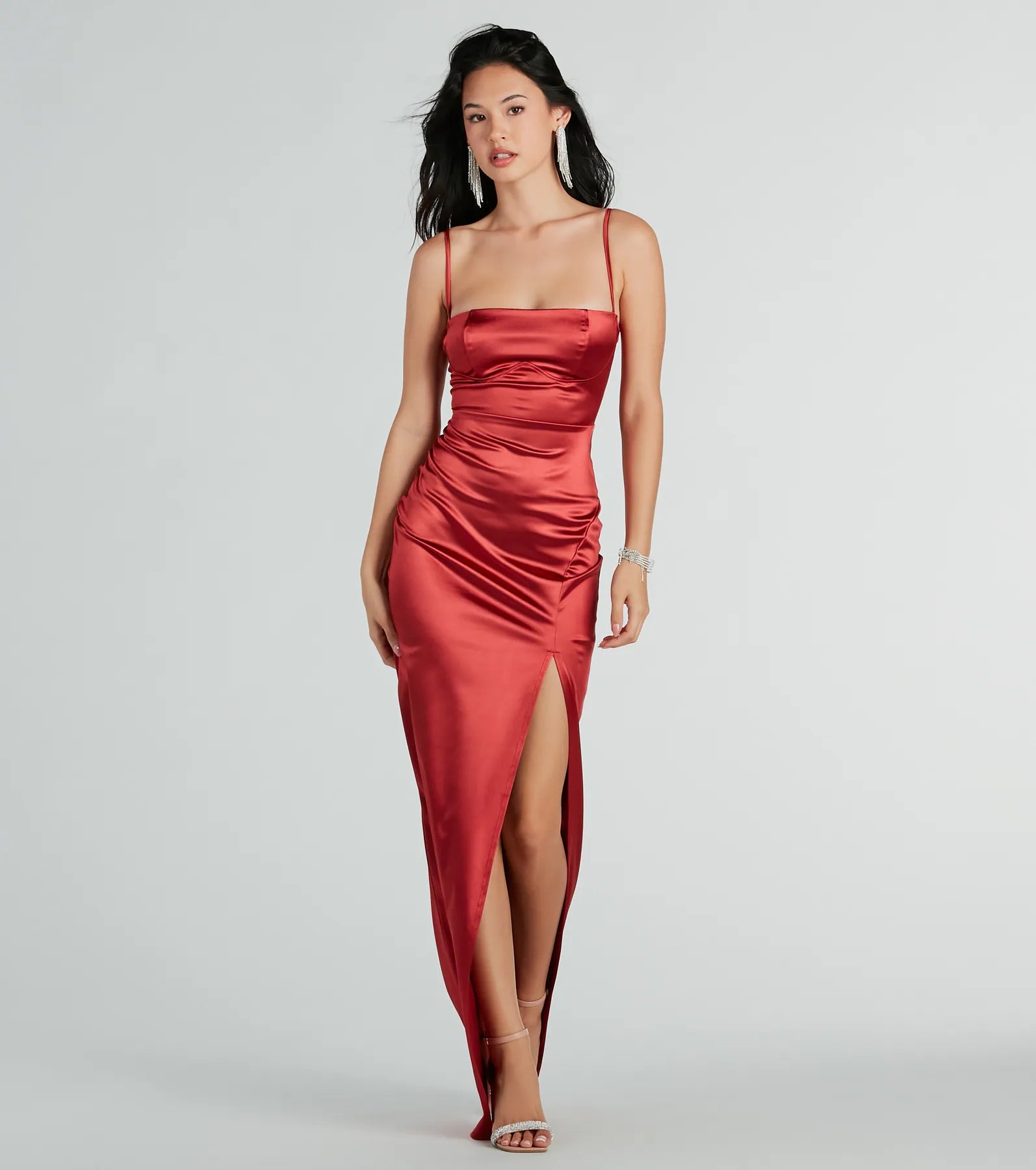 Elena Premium Satin Evening Gown with High Slit