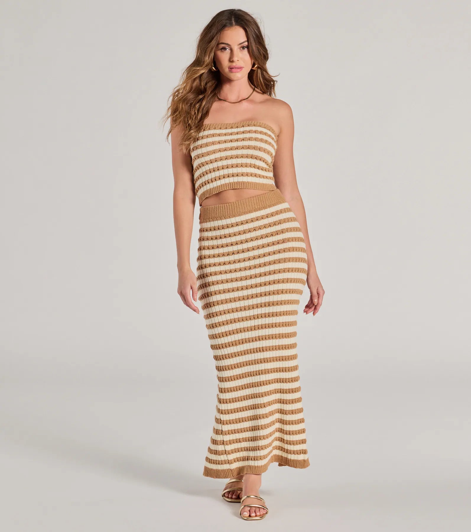 Premium Seaside Cutie Strapless Striped Knit Crop Top