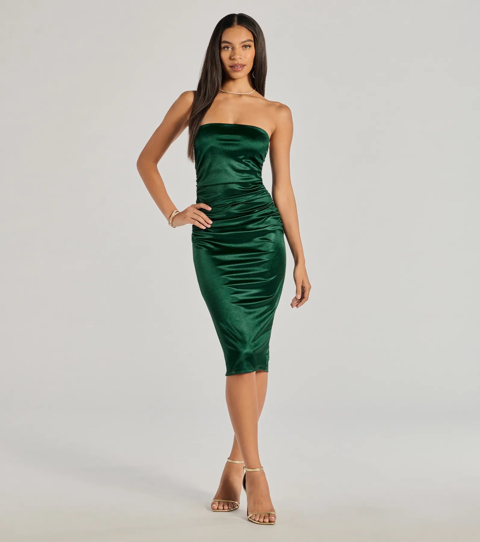 Premium Luxe Sheen Strapless Satin Midi Dress - Ultimate Cocktail Party Essential