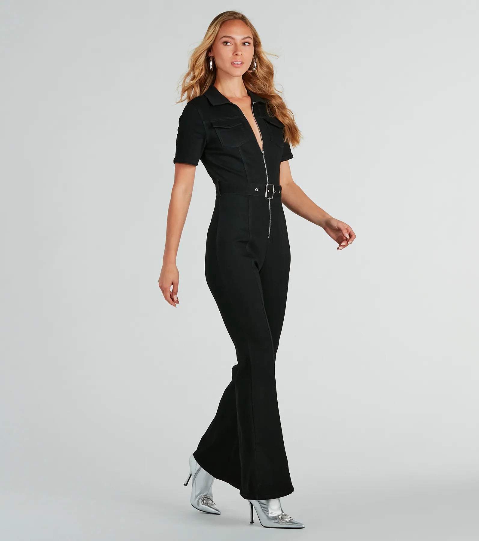 Ultimate Retro Belted Flare Denim Jumpsuit - Premium Denim Style