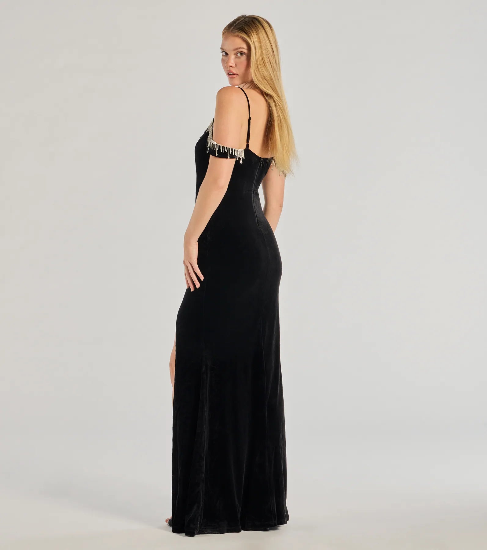 Premium Velvet Rhinestone Mermaid Gown - Elegant High-Slit Dress