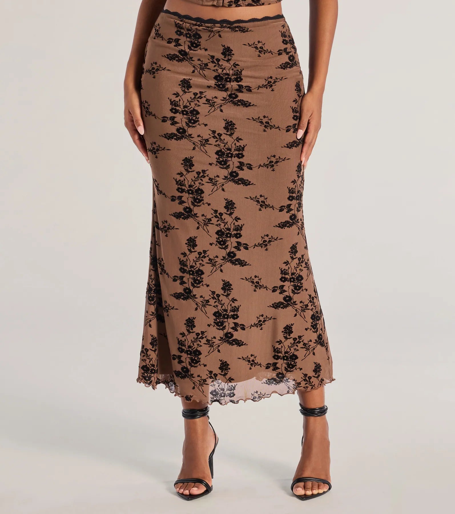 Premium Romantic Aura Flocked Floral Mesh Maxi Skirt