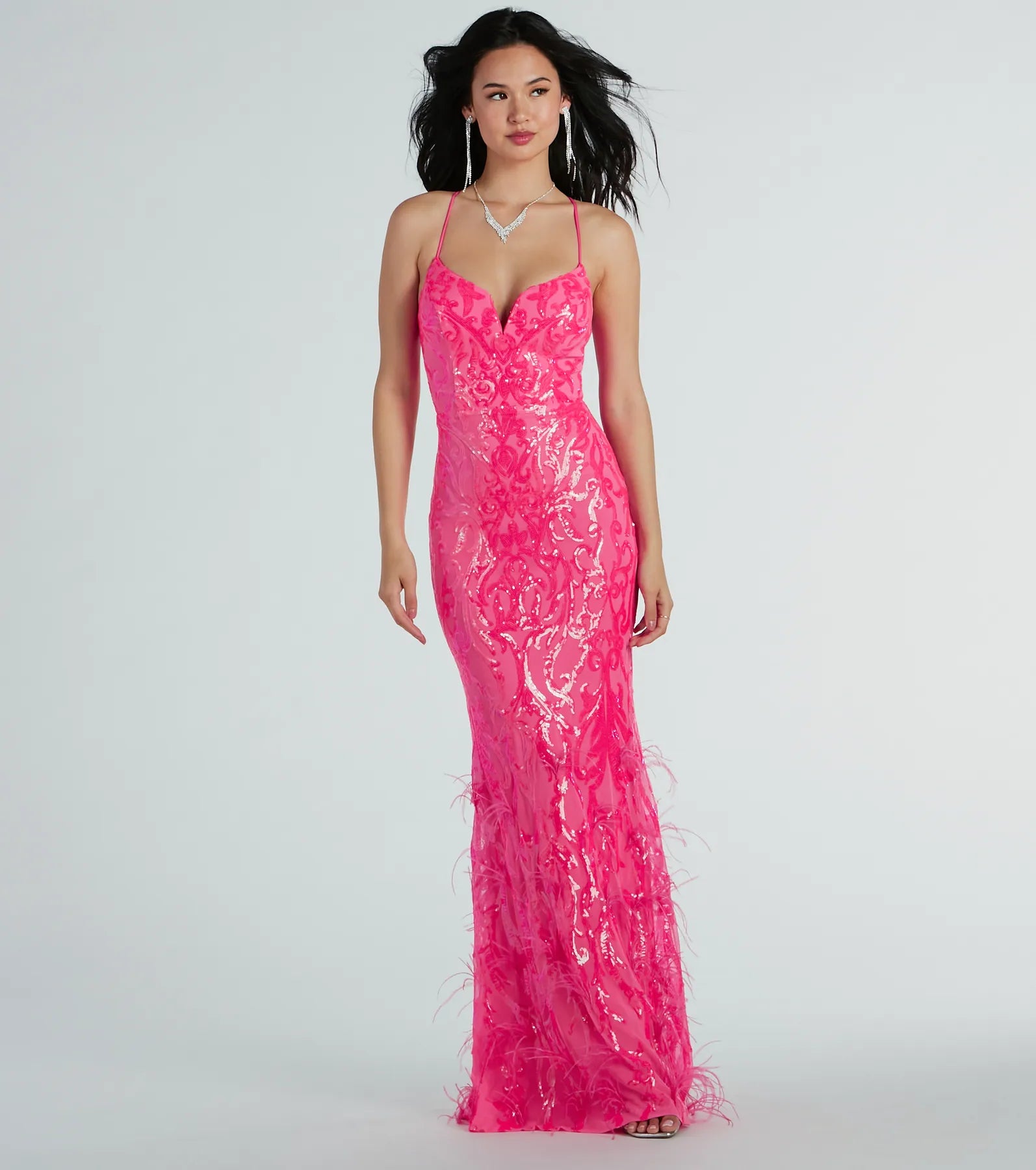 Ultimate Nina Lace-Up Feather Mermaid Sequin Evening Gown