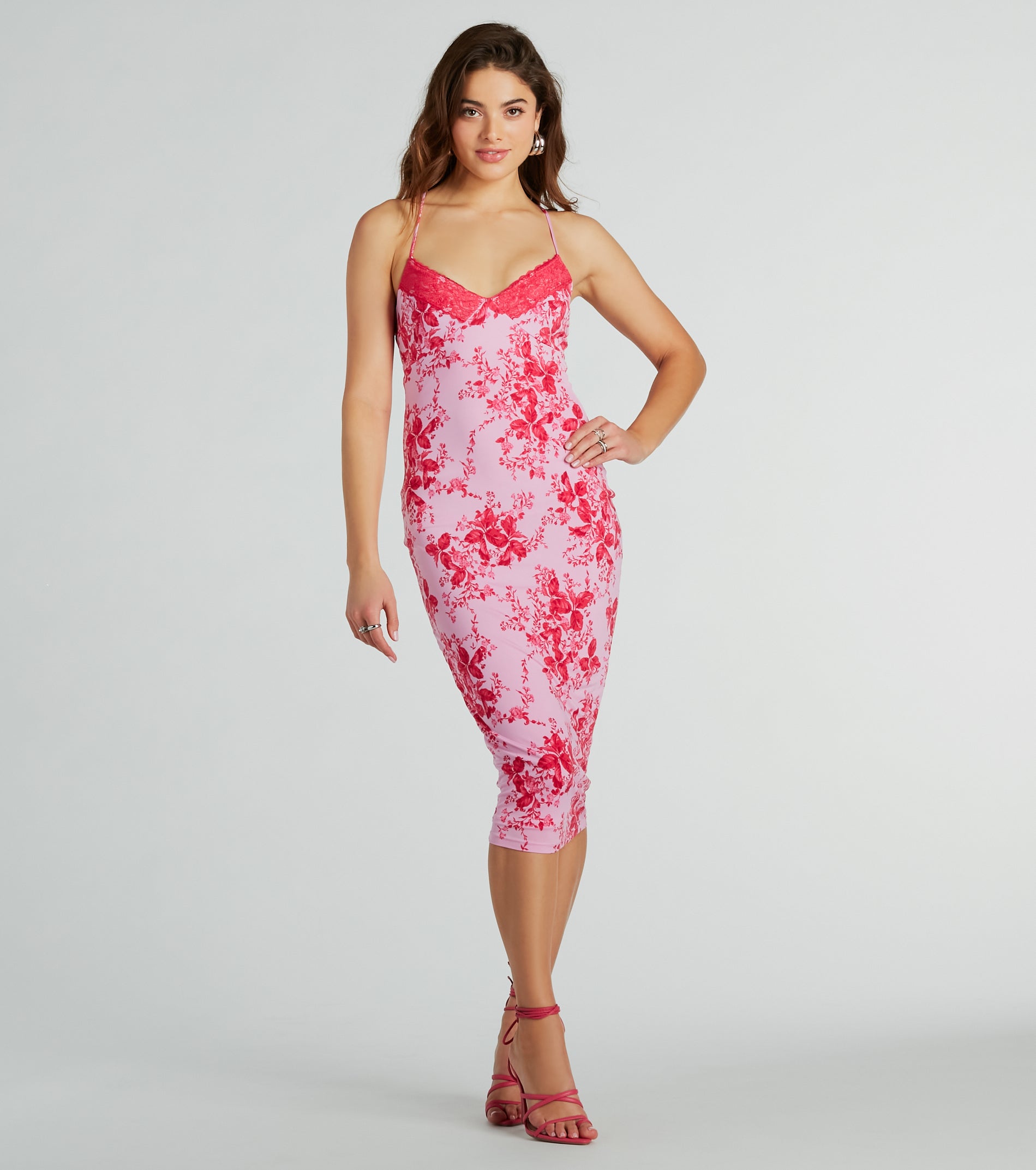 Premium Floral Midi Dress with Elegant Lace Trim