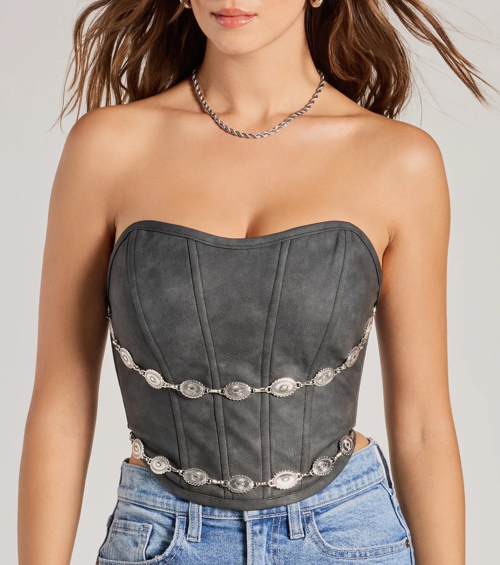 Ultimate Faux Leather Corset Top with Chain Trim