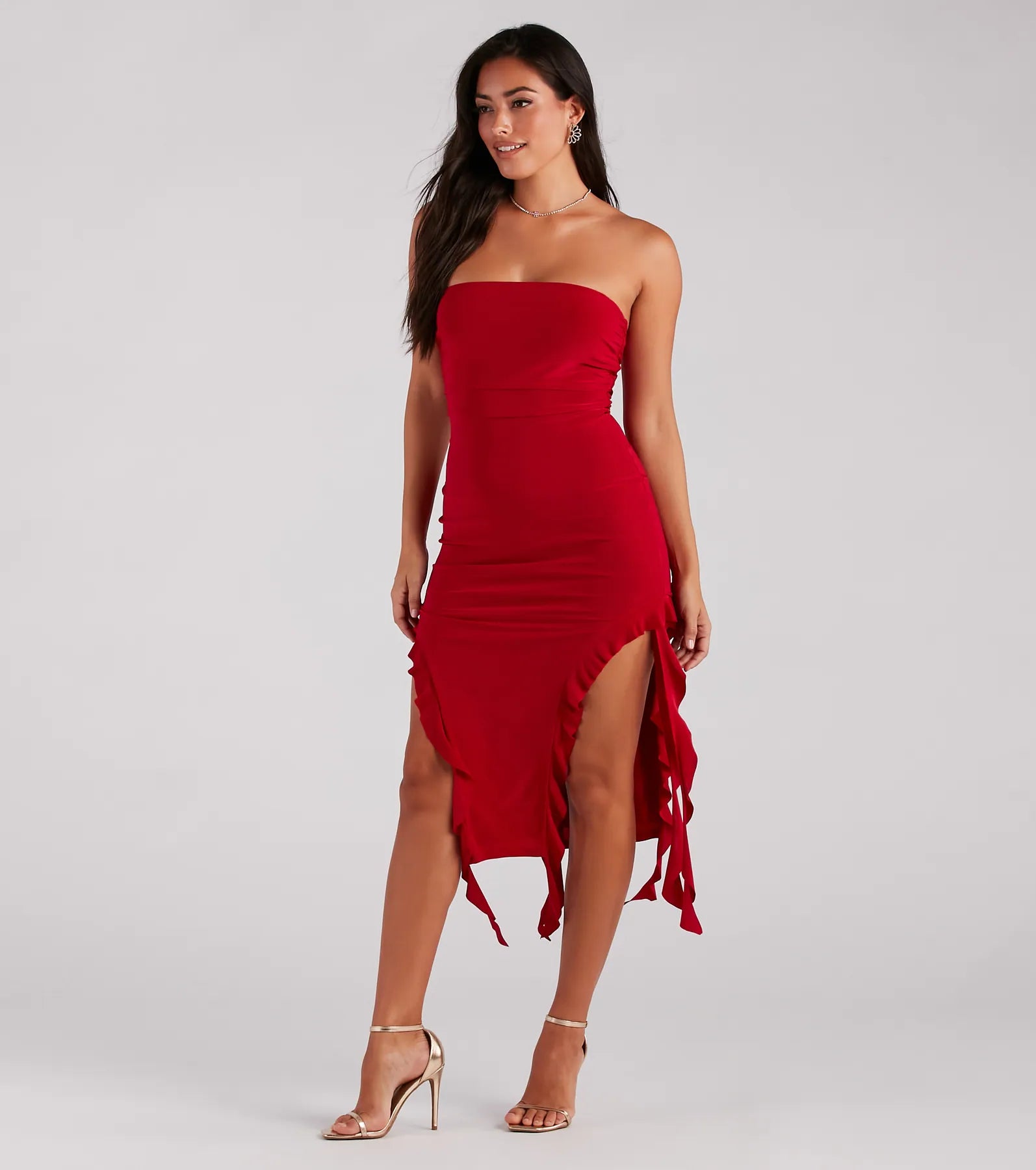 Ultimate Flirtatious Aura Ruffled High Slit Midi Dress