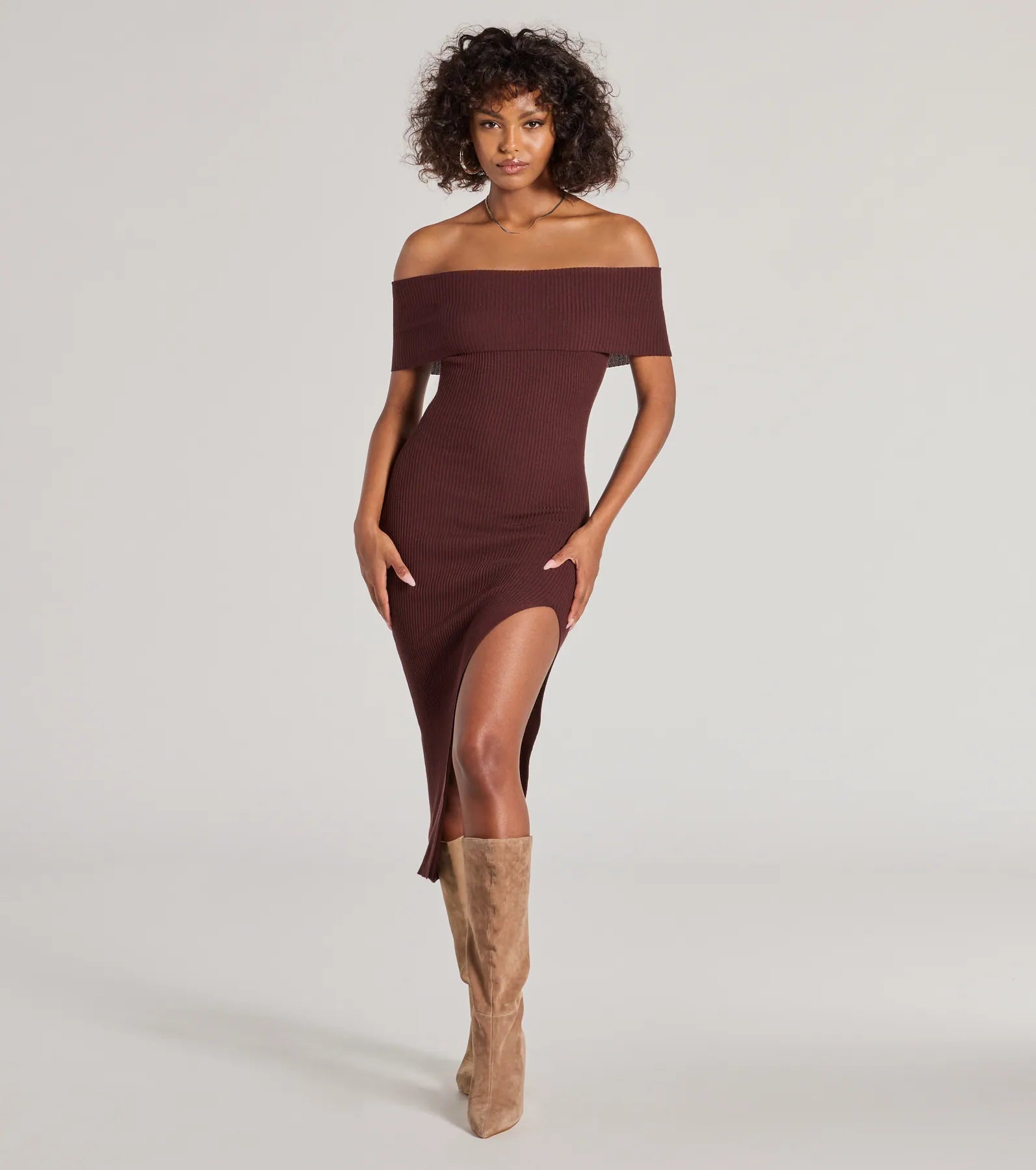 Premium Ribbed Knit Midi Dress with High Slit