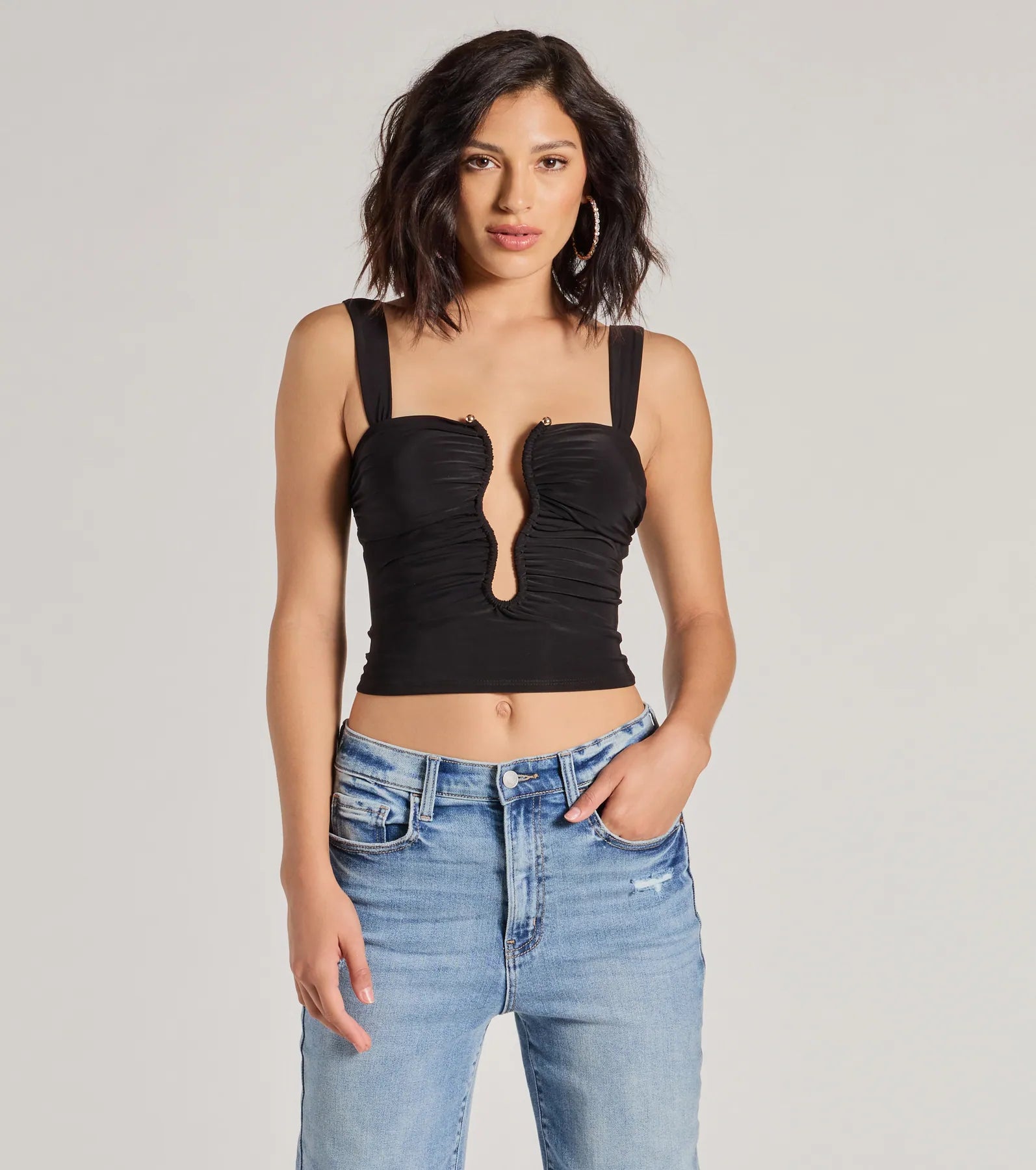 Ultimate Chic Illusion Plunge Cutout Ruched Tank Top