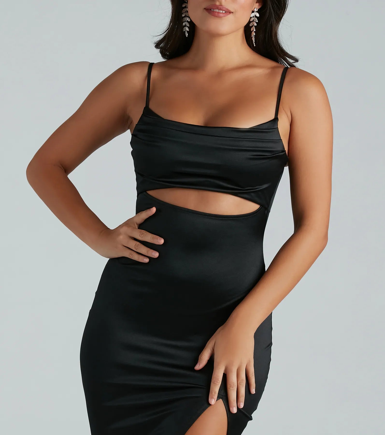 Premium Kyla Satin Formal Dress with Cutout & High Slit