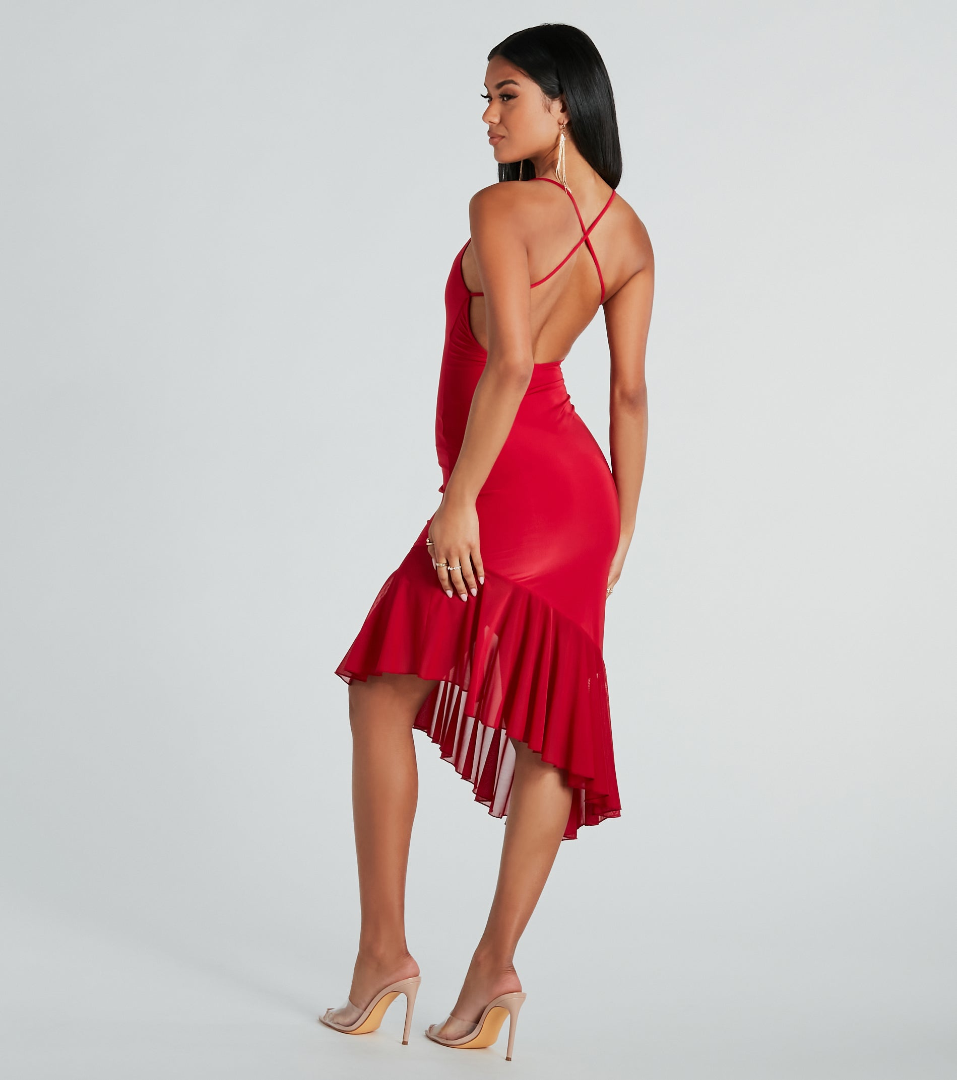 Premium Cowl Neck Mesh Ruffle Midi Dress - Timeless Elegance