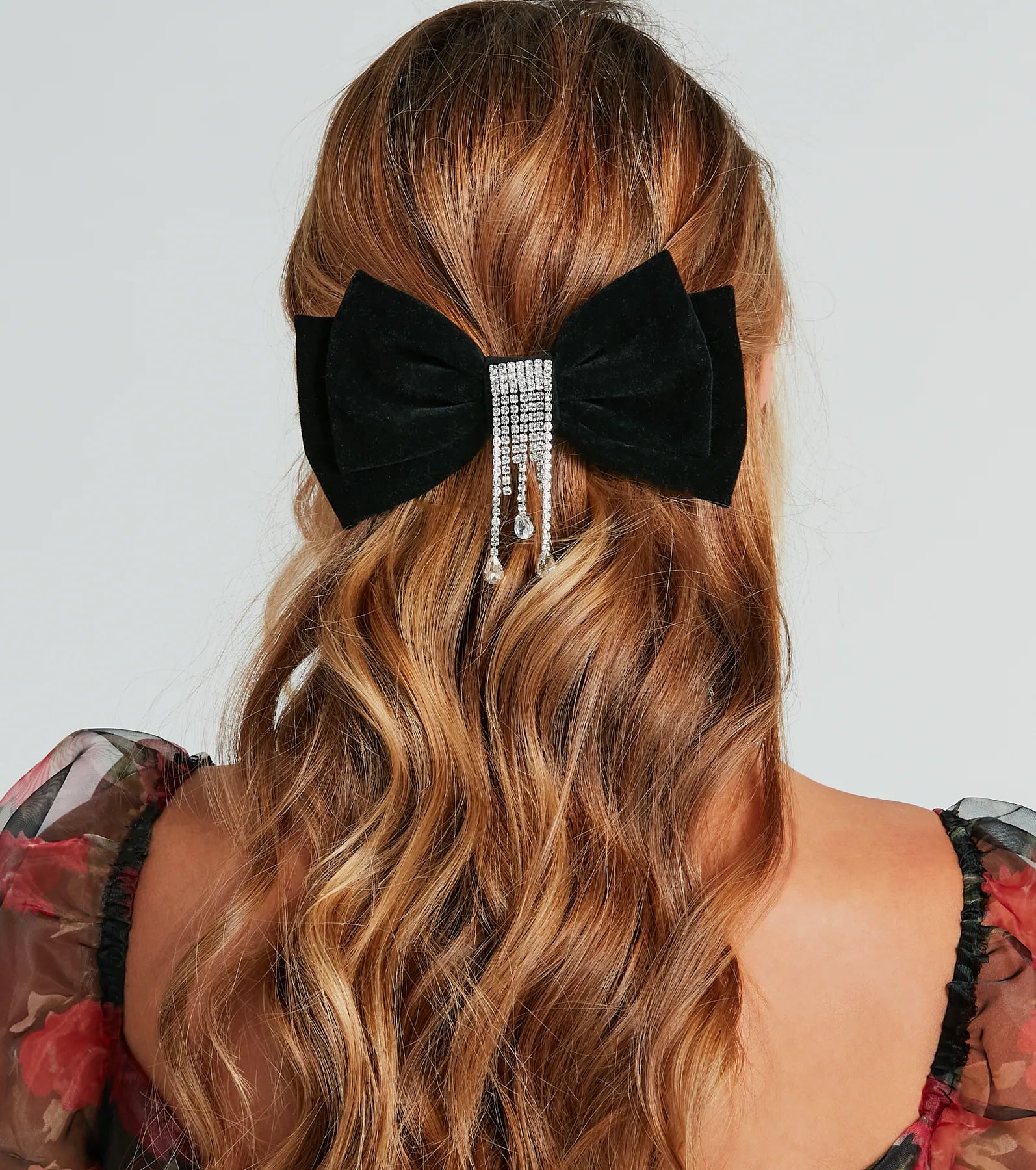 Premium Velvet Bow Hair Clip with Sparkling Rhinestone Fringe