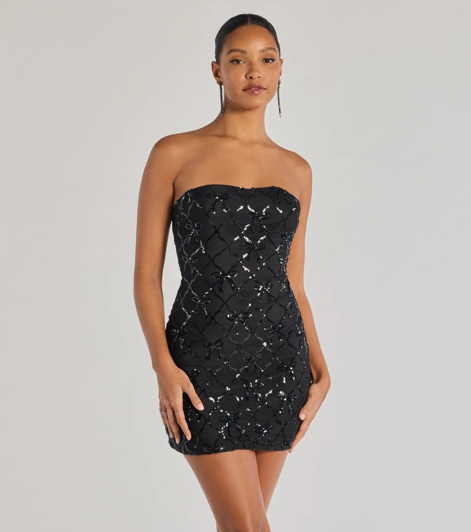 Ultimate Coquette Sequin Bow Strapless Mini Dress