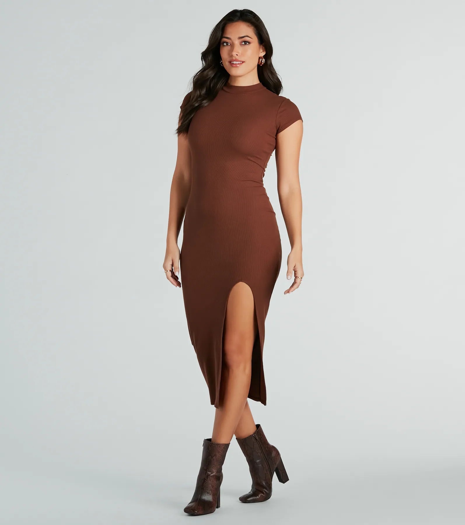 Premium Sweet Demeanor Mock Neck Ribbed Knit Midi Dress - Ultimate Comfort & Style