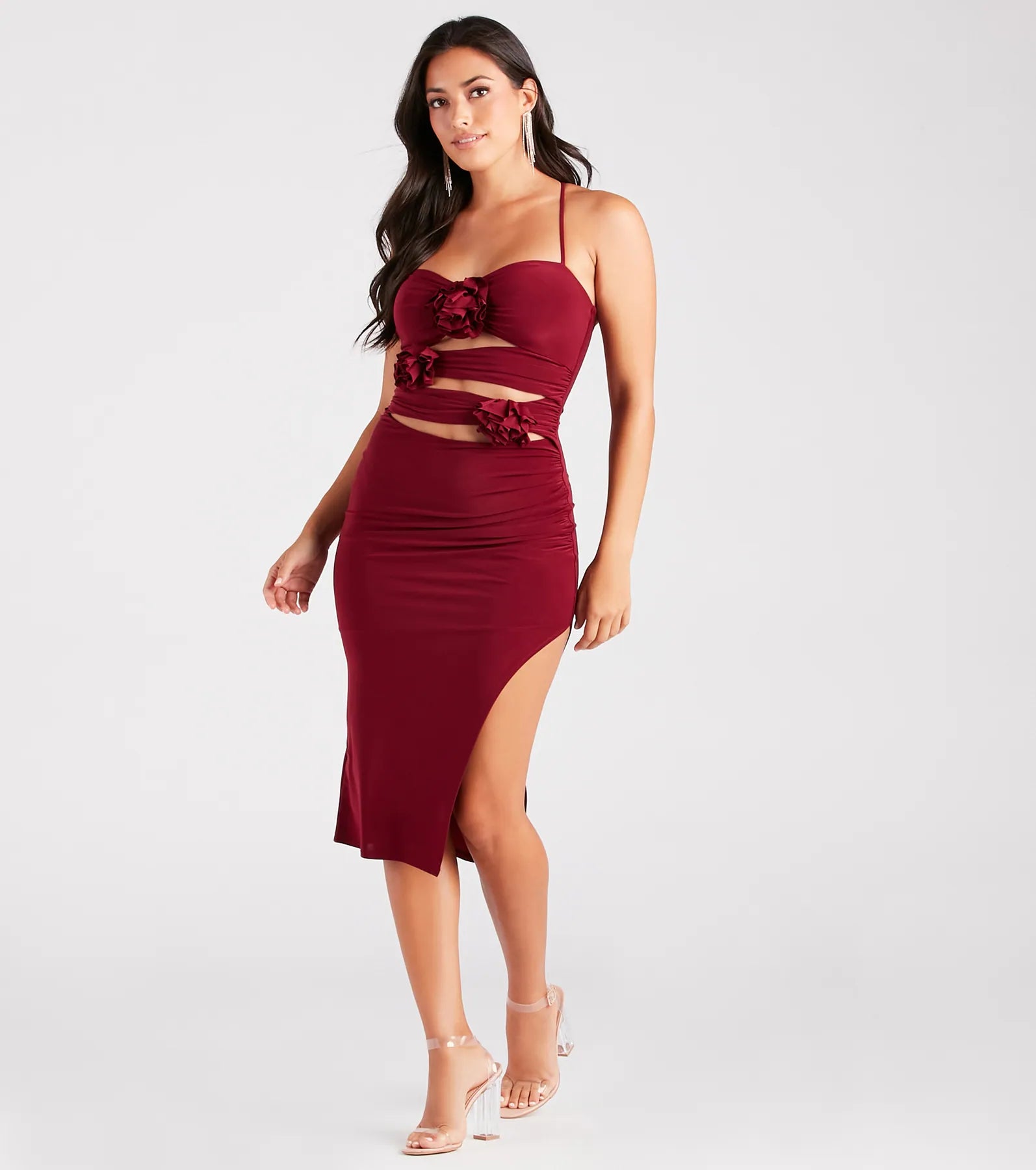 Premium Rose Elegance Halter Cutout Midi Dress