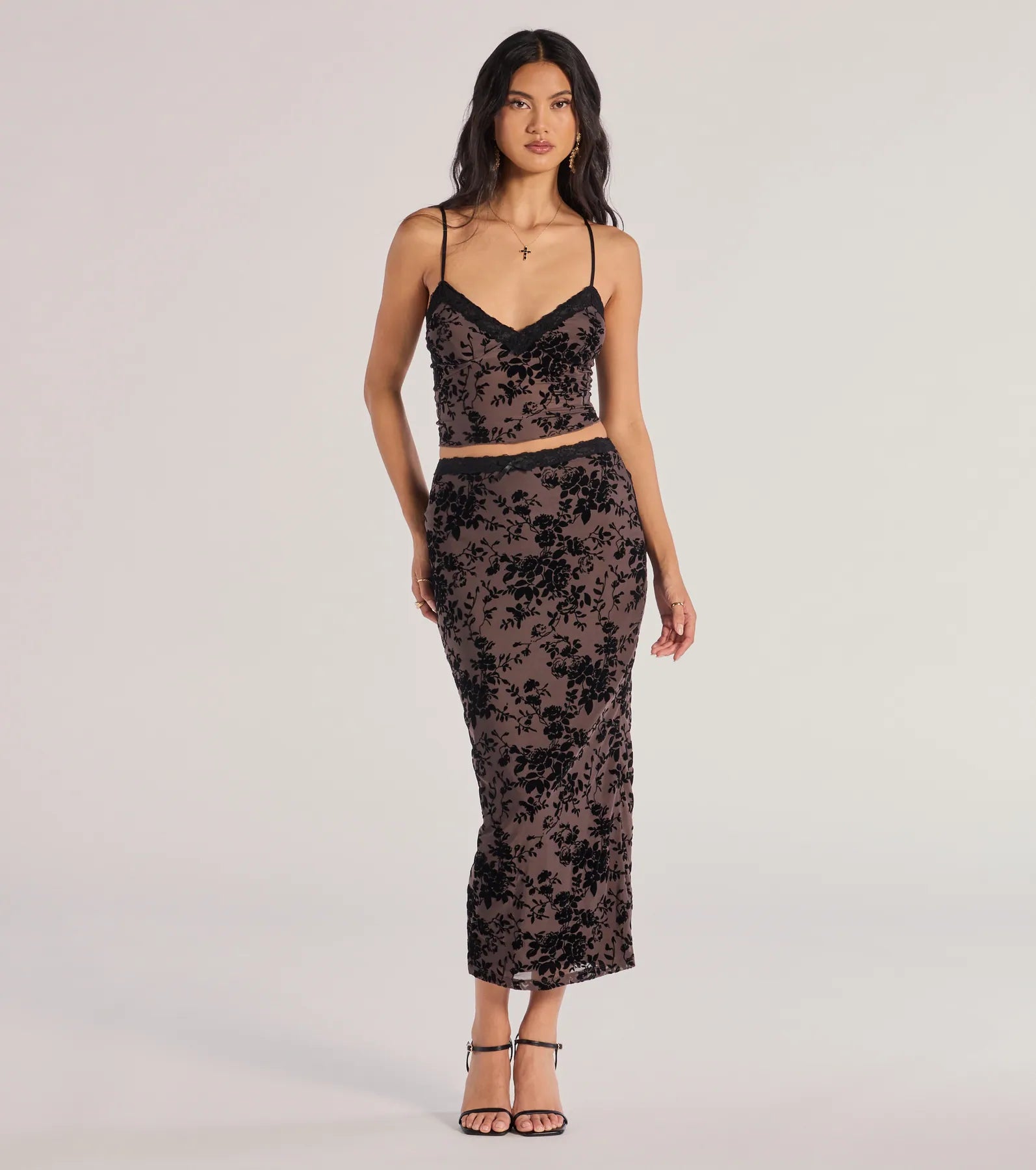 Premium Luxe Velvet Midi Skirt with Floral Flock Design