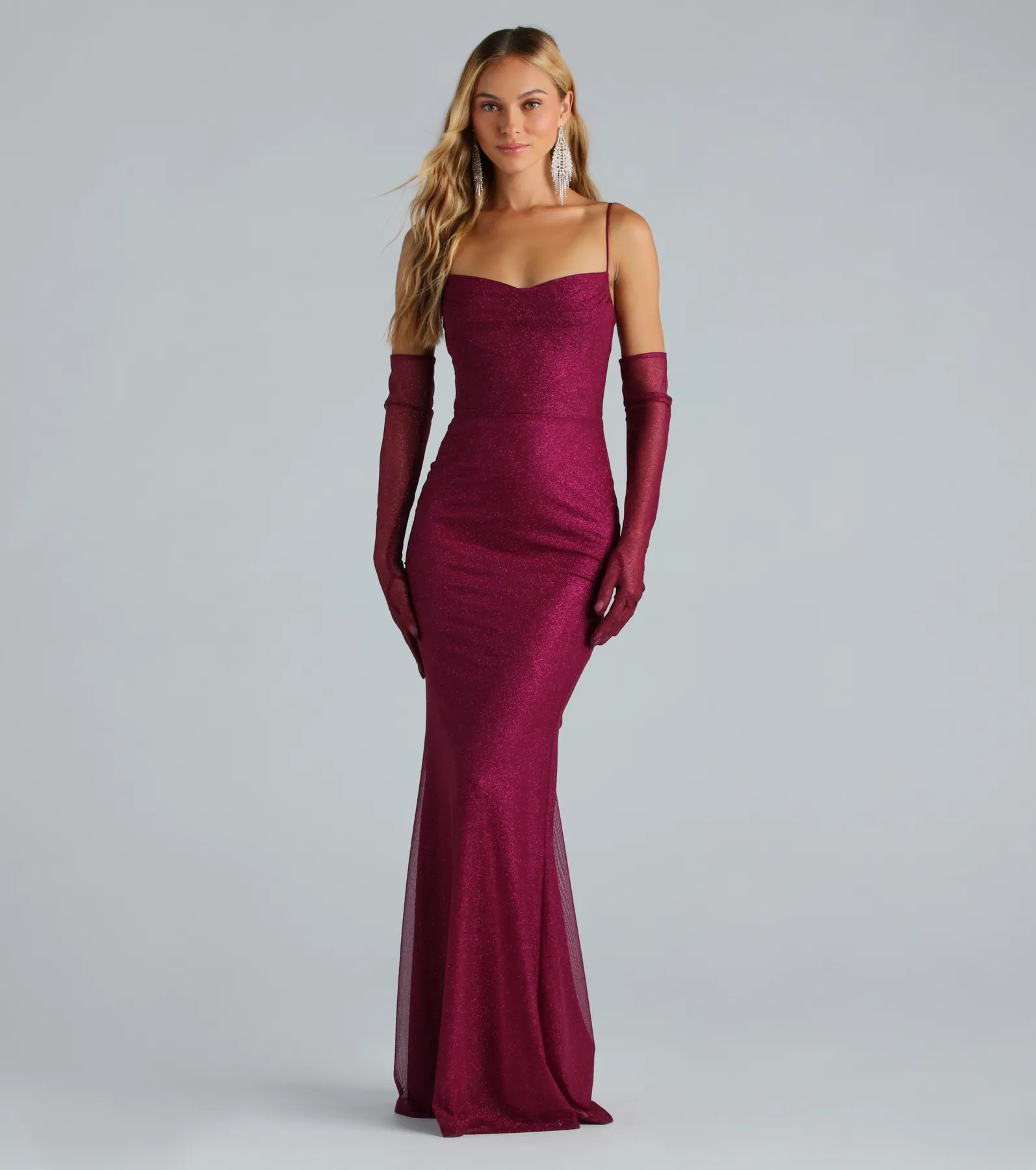 Premium Kristi Glitter Mermaid Evening Dress with Gloves