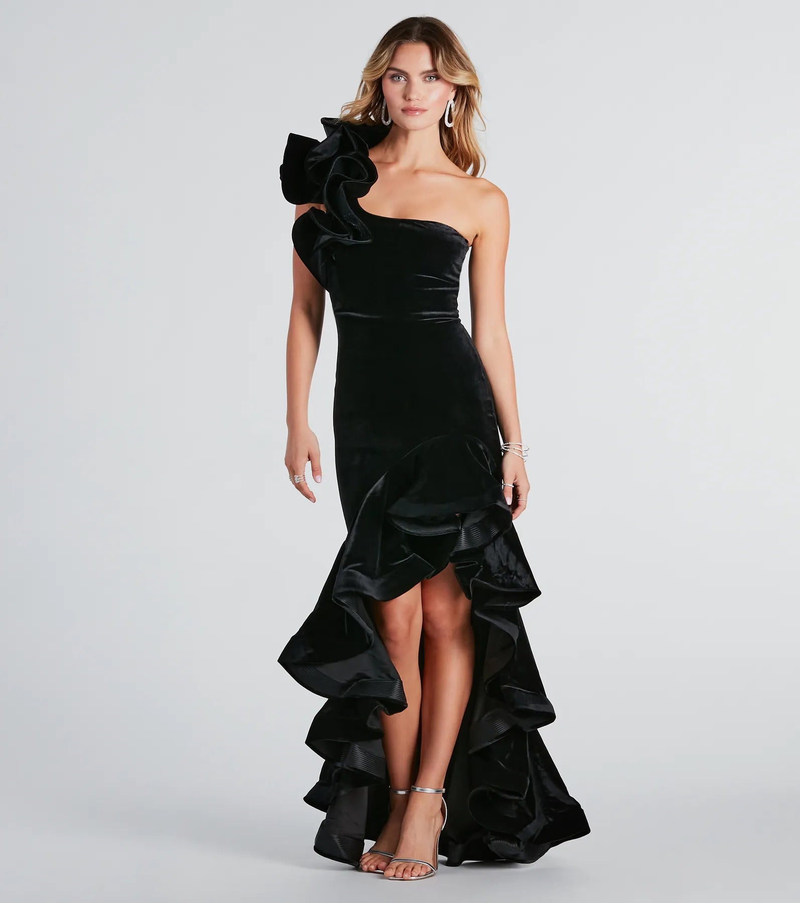 Premium Beatrice Velvet Ruffle High-Low Evening Dress