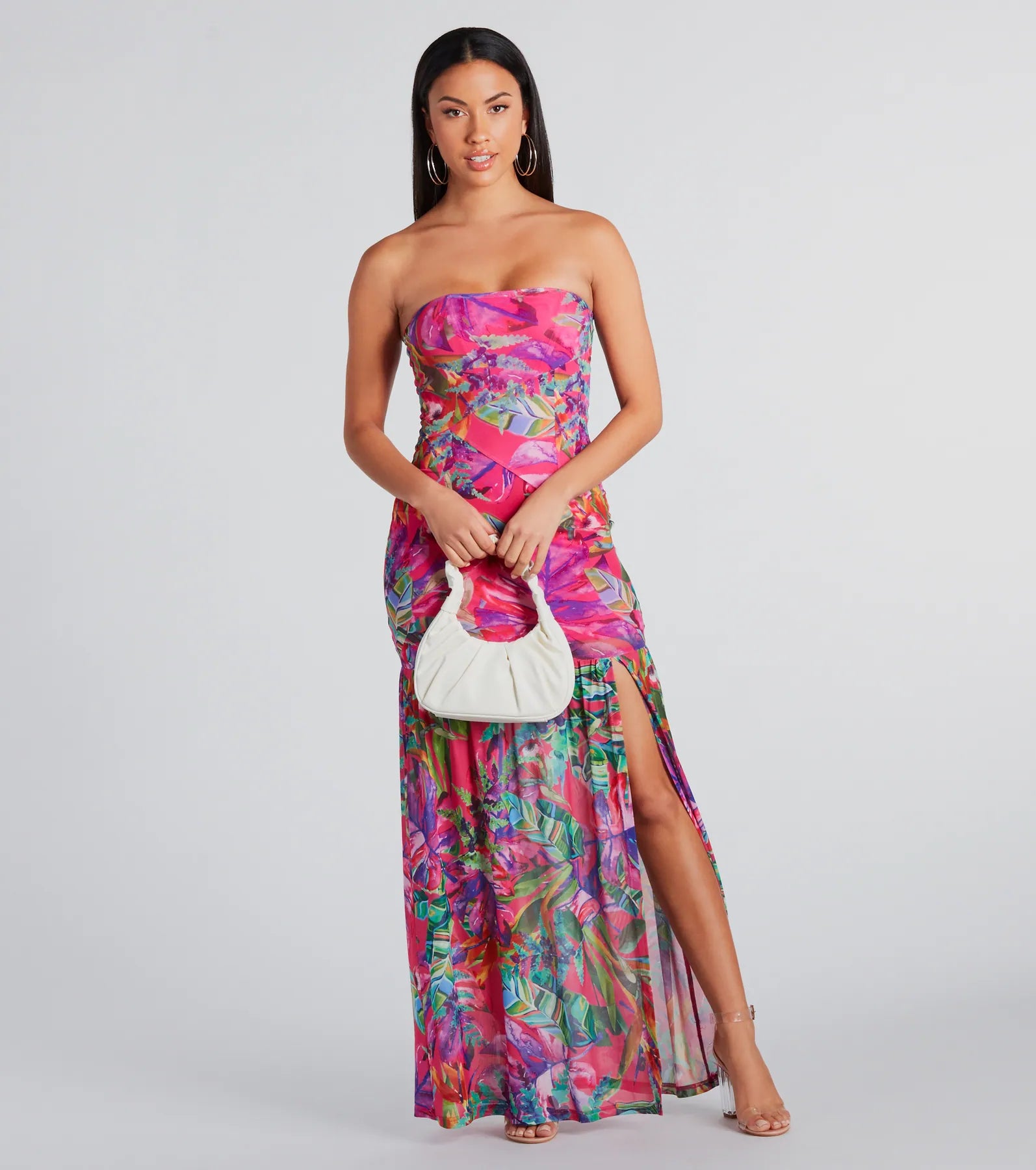 Ultimate Tropical Elegance: Strapless Ruffle Maxi Dress