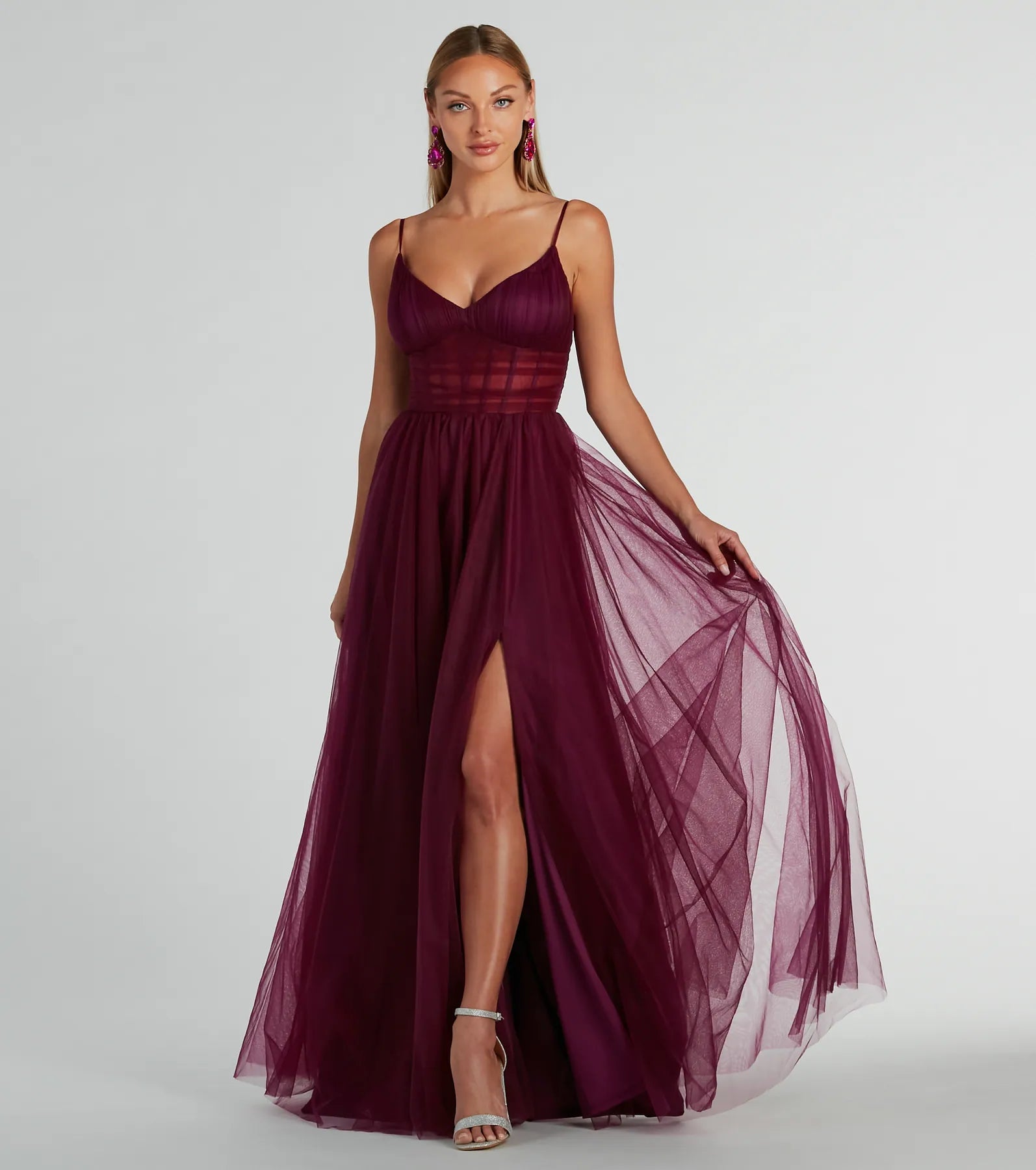 Paulette Premium Sleeveless A-Line Mesh Evening Gown