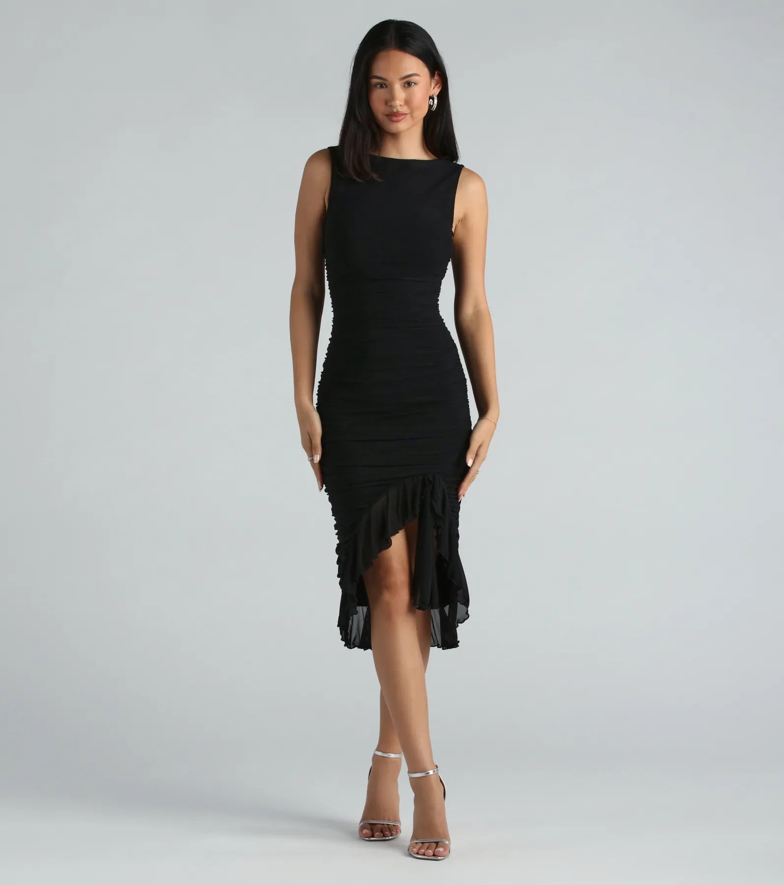 Elegant Casey Premium Mesh High Neck Ruffle Midi Dress