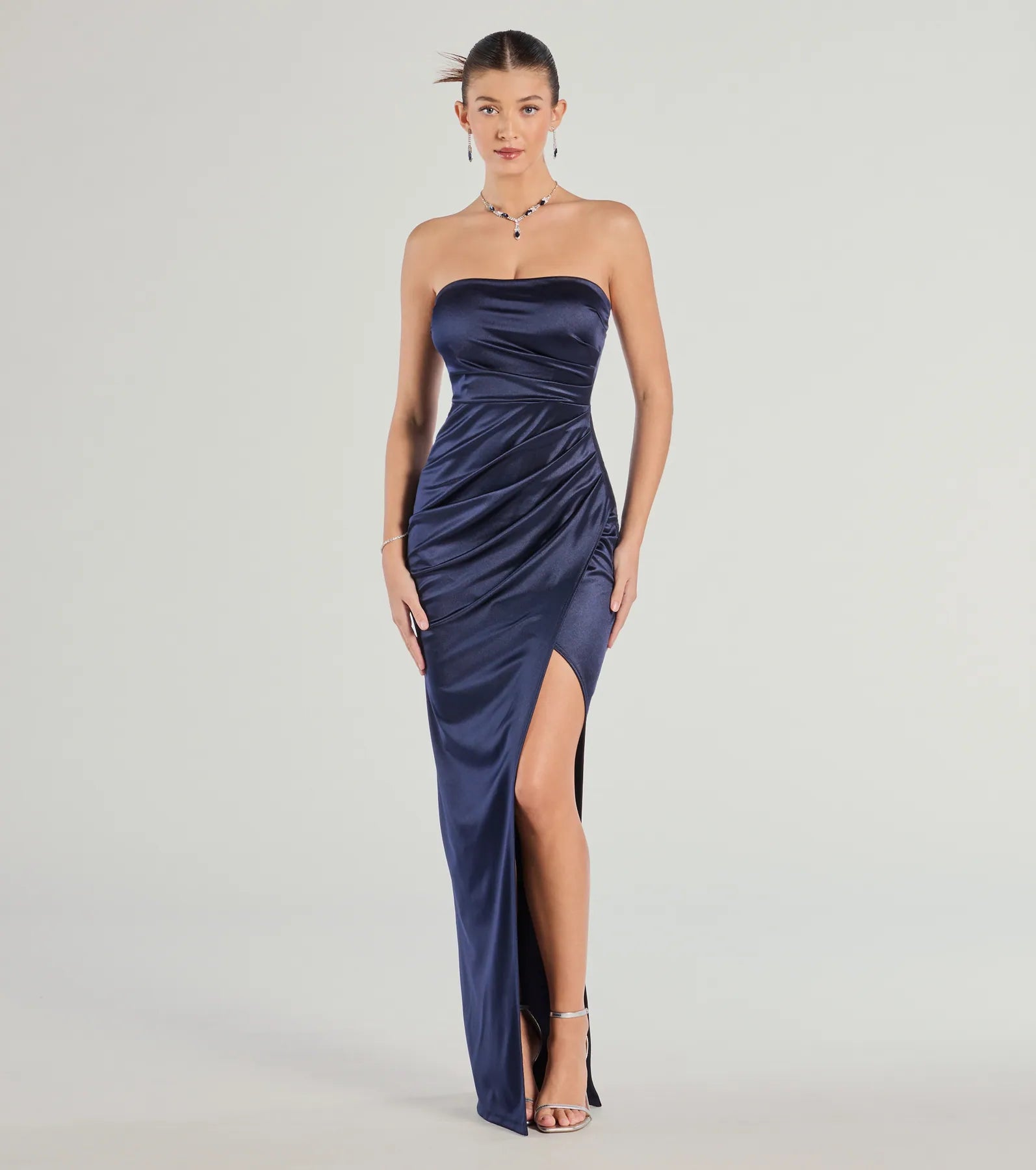 Premium Lauren Strapless Wrap Satin Evening Gown