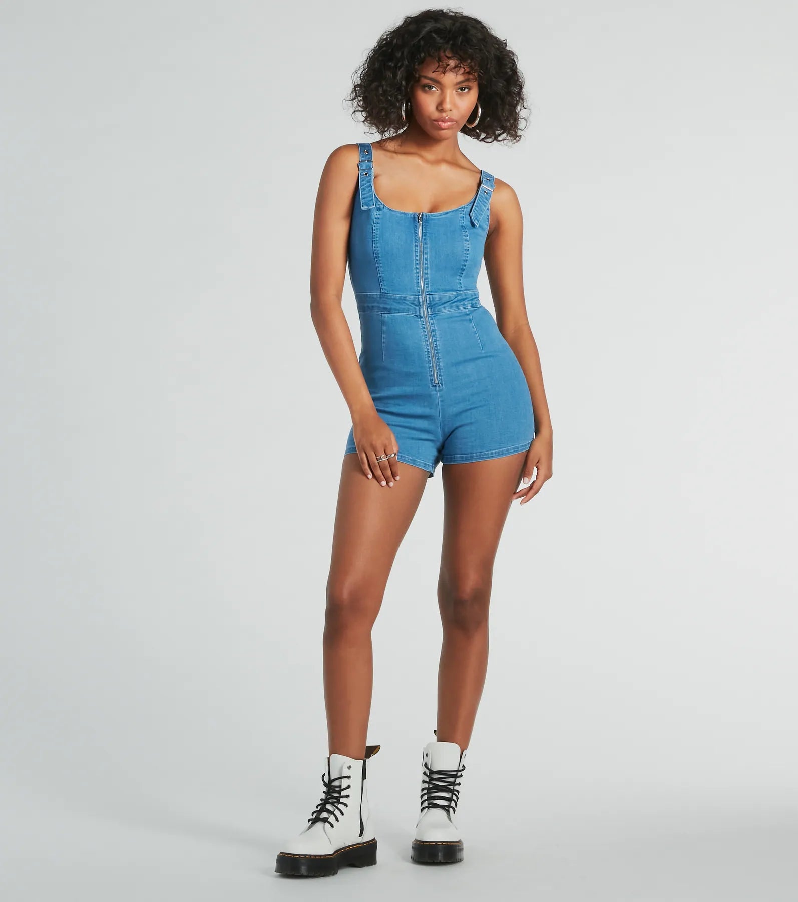 Ultimate Buckle Down Scoop Neck Zipper Denim Romper - Effortless Style