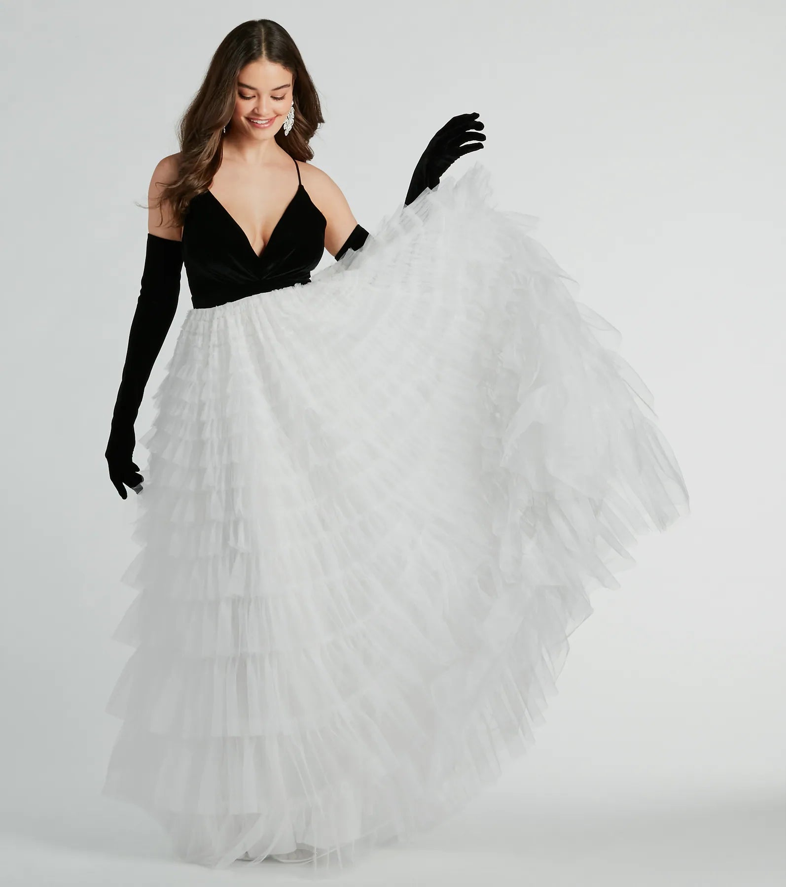 Ultimate Carrie A-Line Ruffled Mesh Ball Gown with Detachable Gloves