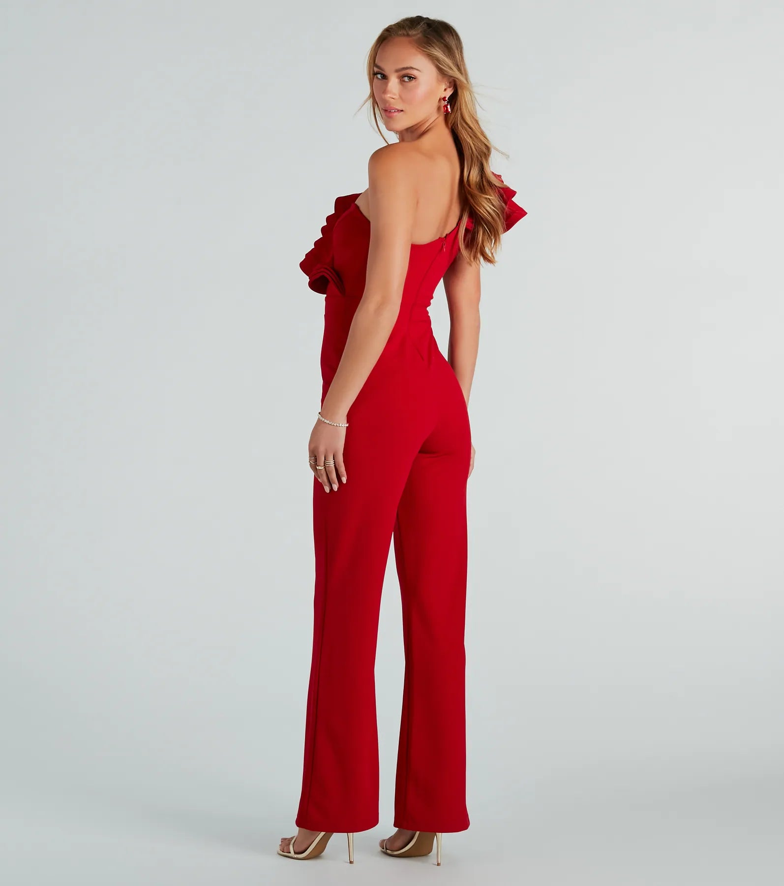 Ultimate Catwalk Strut Crepe Ruffle One-Shoulder Jumpsuit