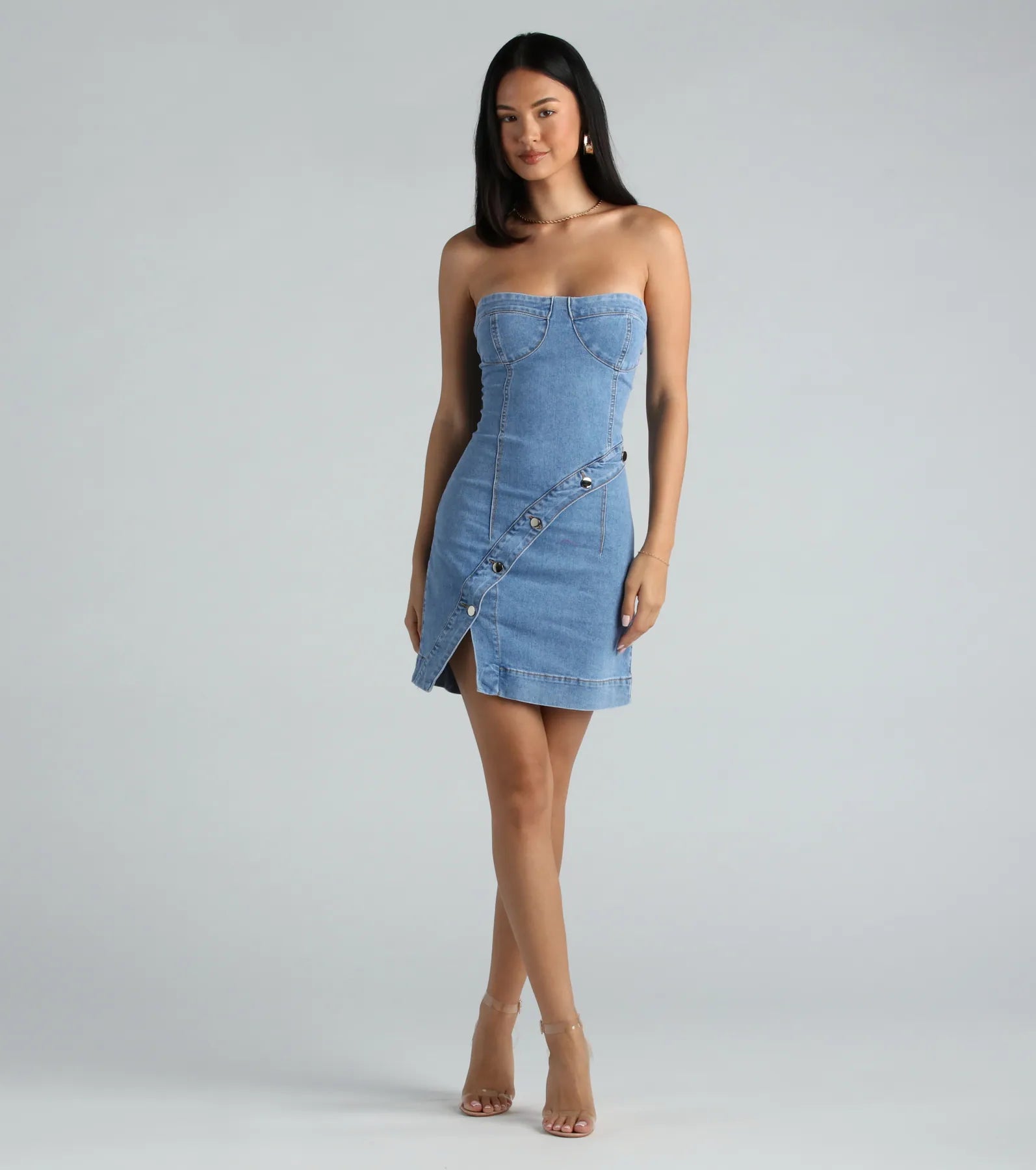 Ultimate Strapless Denim Mini Dress - Button Front Design