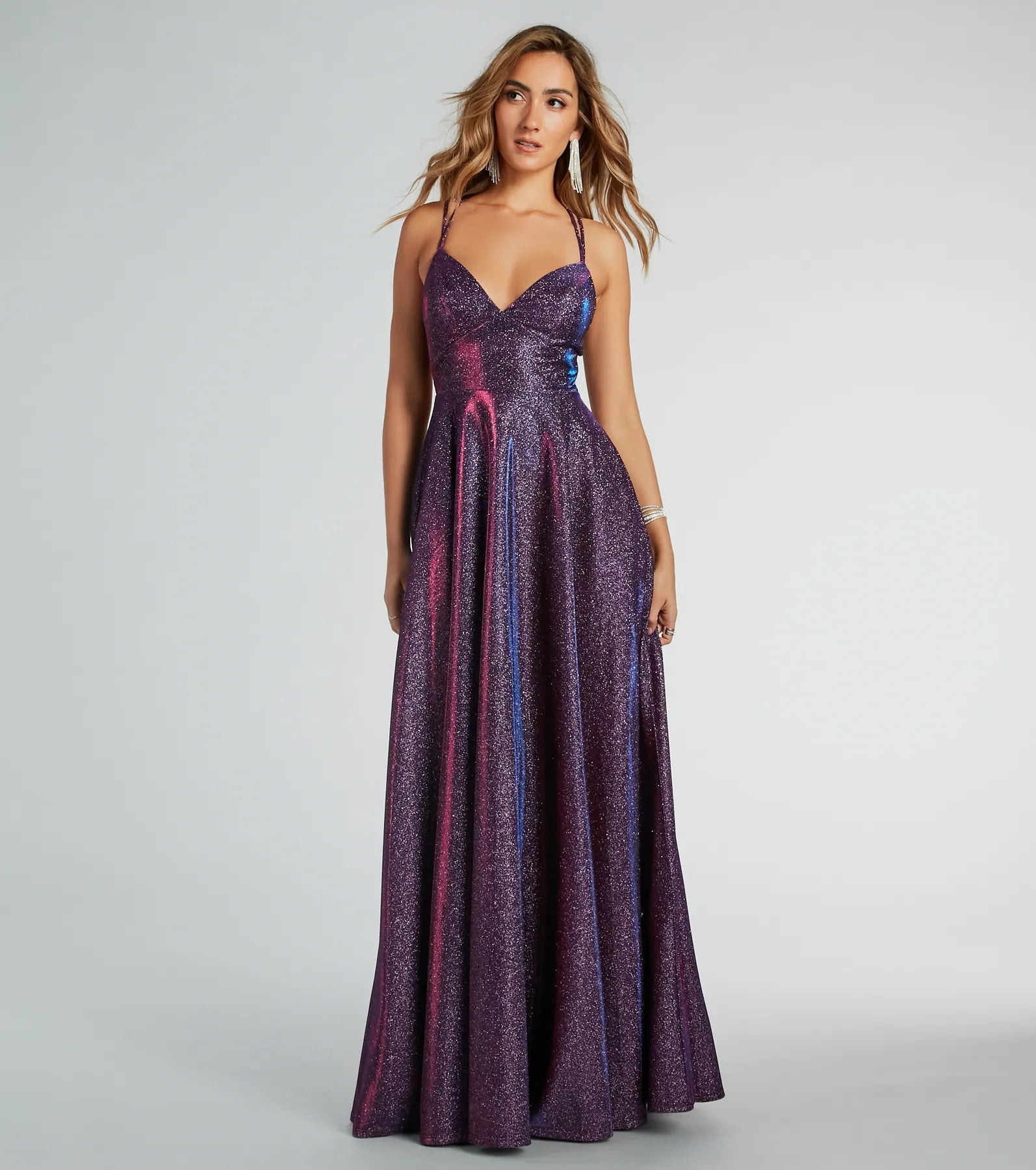 Sherry Glitter Formal Dress with Strappy Back & Hidden Pockets