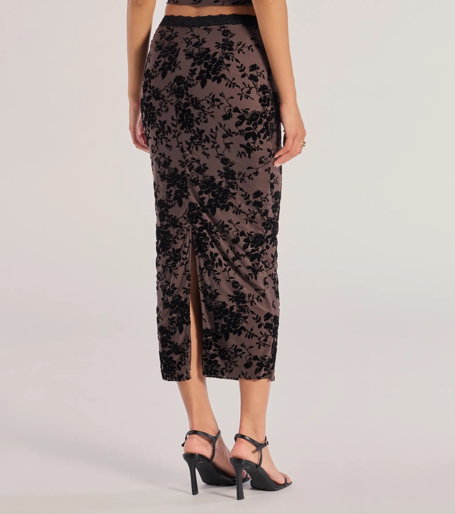 Premium Luxe Velvet Midi Skirt with Floral Flock Design